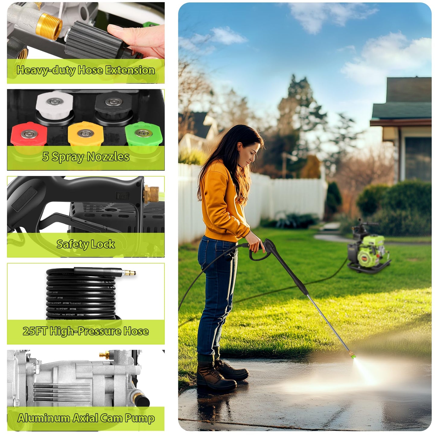 3500PSI Pressure Washer 2.4GPM Gas Power Washer 79CC Gas Powered Washing Machine Commercial High Pressure Washer with 25ft Hose&5 Nozzles for Patio Garden Yard Vehicle,EPA/CARB/ETL (Black & Green)
