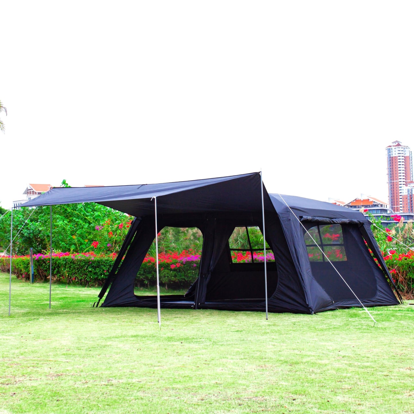 KTT Extra Large Tent 12 Person,Awning Family Cabin Tents,2 Rooms,4 Doors and 4 Windows with Mesh,Straight Wall,Waterproof,Double Layer,Big Tent for Outdoor,Picnic,Camping,Family Gathering(Black)