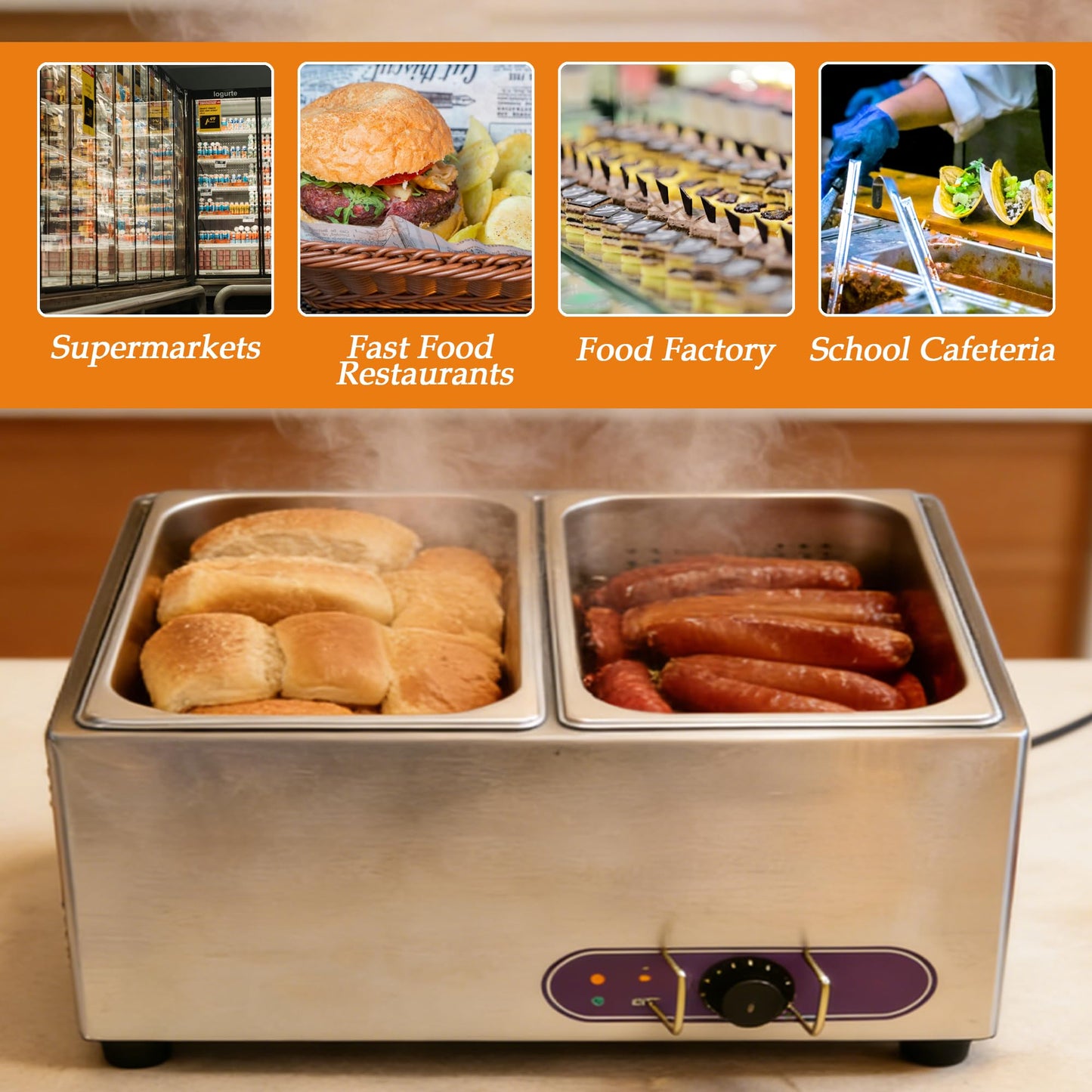 Maisutseb 110V Commercial Hot Dog Steamer & Bun Warmer Steamer for hypermarket Food Industry with 2 Sets of Stainless Steel Basin