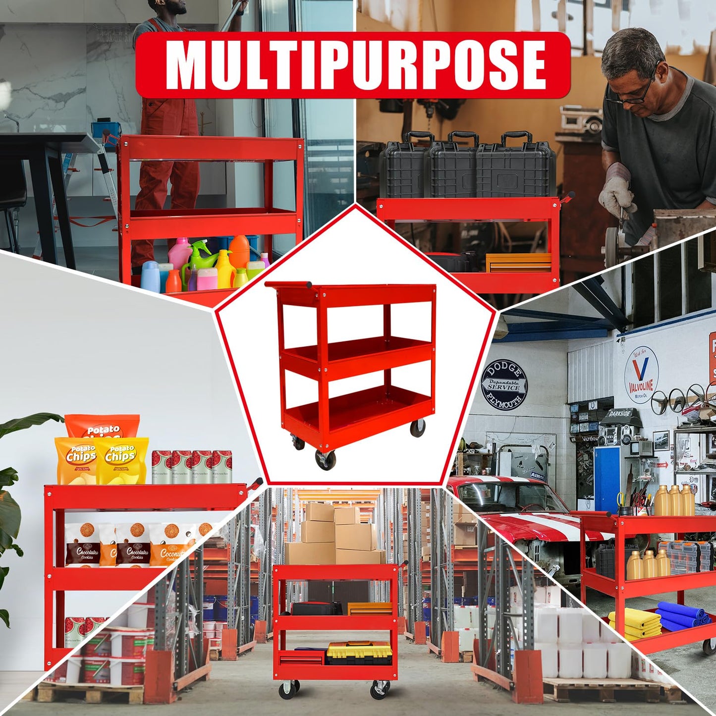 BIG RED Steel Rolling Service Tool Cart with 3 Tires , Heavy Duty Utility Cart on Wheels with Two Brake for Office，Kitchen，warehouse,400 lbs Capacity,Red