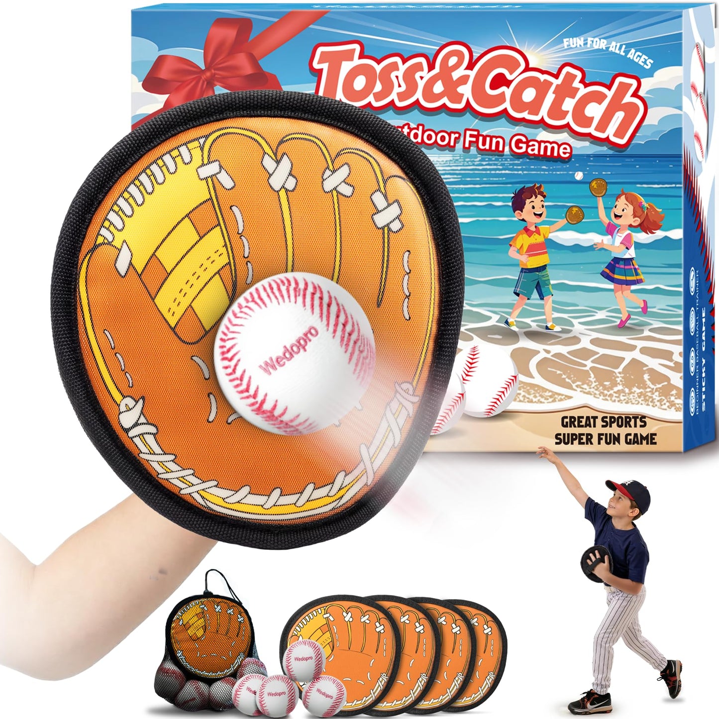 Wedopro Toss and Catch Ball Game, Kids Toddler Baseball Glove & Catch Ball Toys, Kids Outdoor Games for Family, Toys for Beach Pool Yard Outside, Birthday Gift for Ages 3 4 5 6 7 8-12 (Brown 4 Pcak)