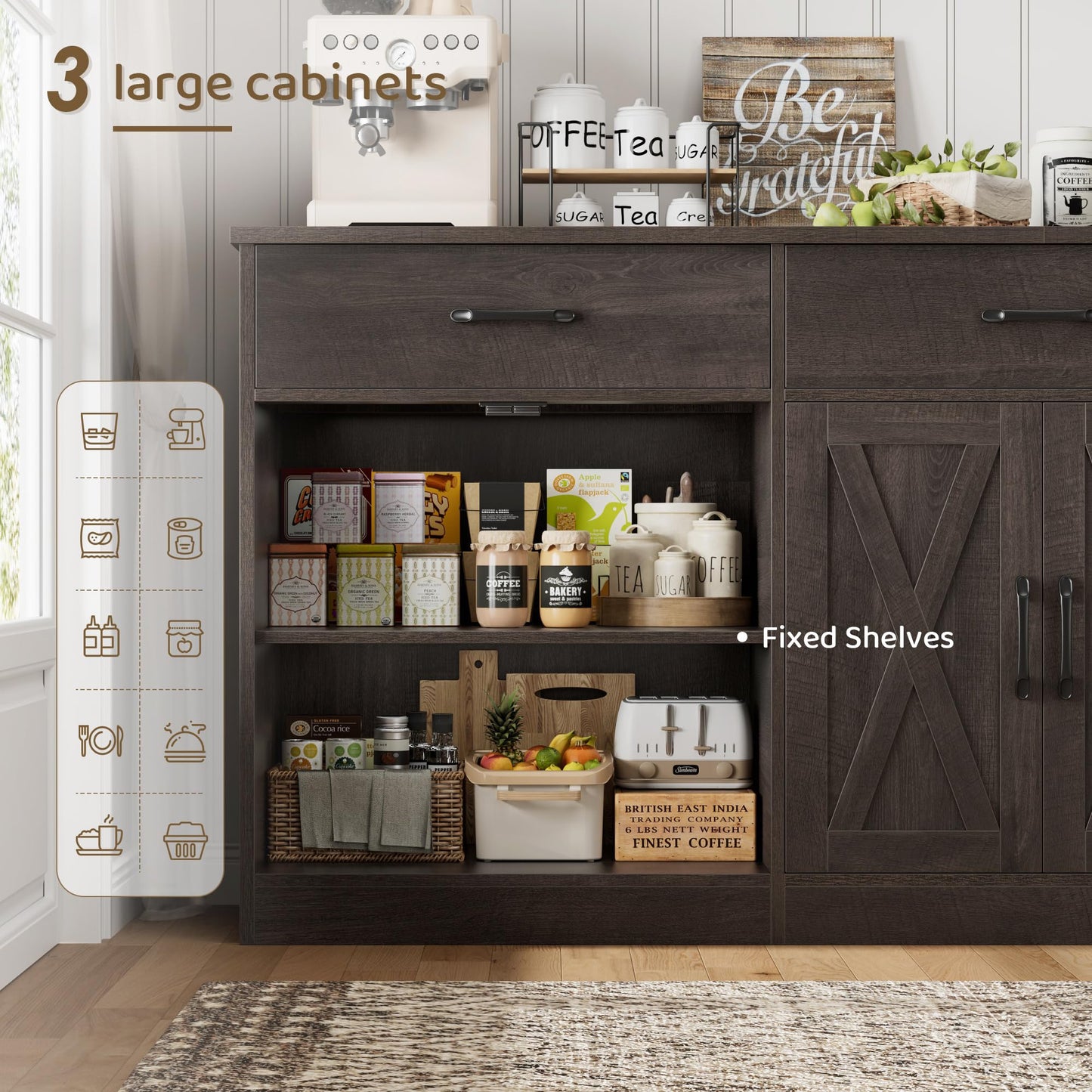 HOSTACK 71" Large Sideboard Buffet Cabinet with Storage, Farmhouse Coffee Bar Cabinet with 3 Drawers, Long Kitchen Buffet Table, Kitchen Sideboard Storage Cabinet for Dining, Living Room, Dark Brown