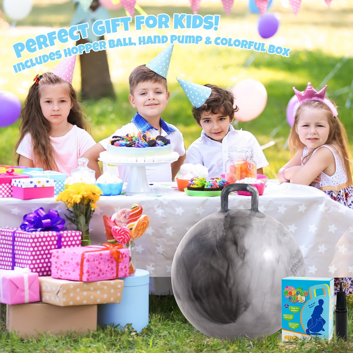 Upper Rider Clouds Hopper Ball for Kids,18 Inch Bouncy Ball with Handle,Inflatable Hopping Toys for Boys Girls Aged 3-8, Indoor Outdoor Jumping Toys Gift with Pump