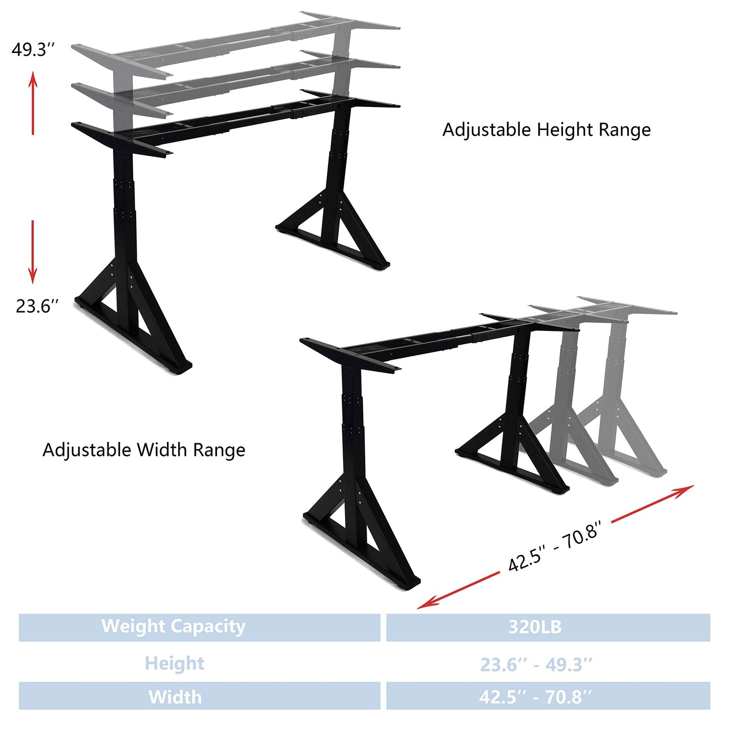 VWINDESK VJ205 Electric Height Adjustable Sitting Standing Desk Frame Sit Stand - Dual Motors 3 Stages Motorized Desk Base Only, Black