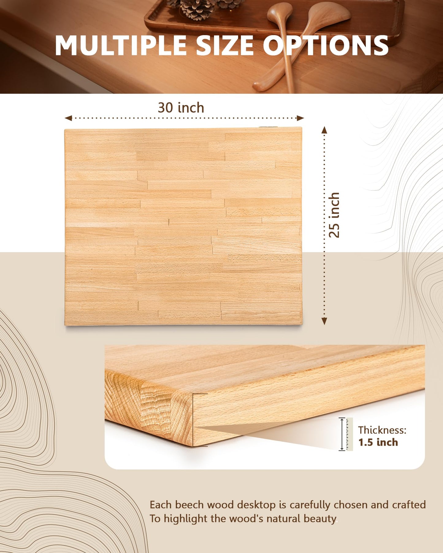 30"x25" Butcher Block Counter Top, DIY Beech Countertop, 1.5'' Thick Waterproof Table Top, Used as Cutting Board, Office Desk Tops, Living and Dining Room Tables, Laundry Counters, Kitchen Island