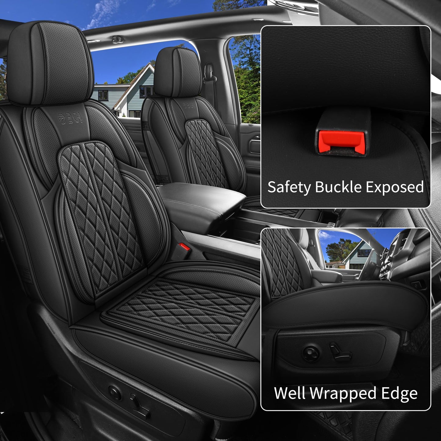 DuDuWang Car Seat Cover Custom Fit for Dodge Ram 1500 2500 3500 2002-2026 Faux Leather Seat Cover Set Compatible with Crew Quad Regular Cab Pickup Truck Cushions (Black, Front Seat)