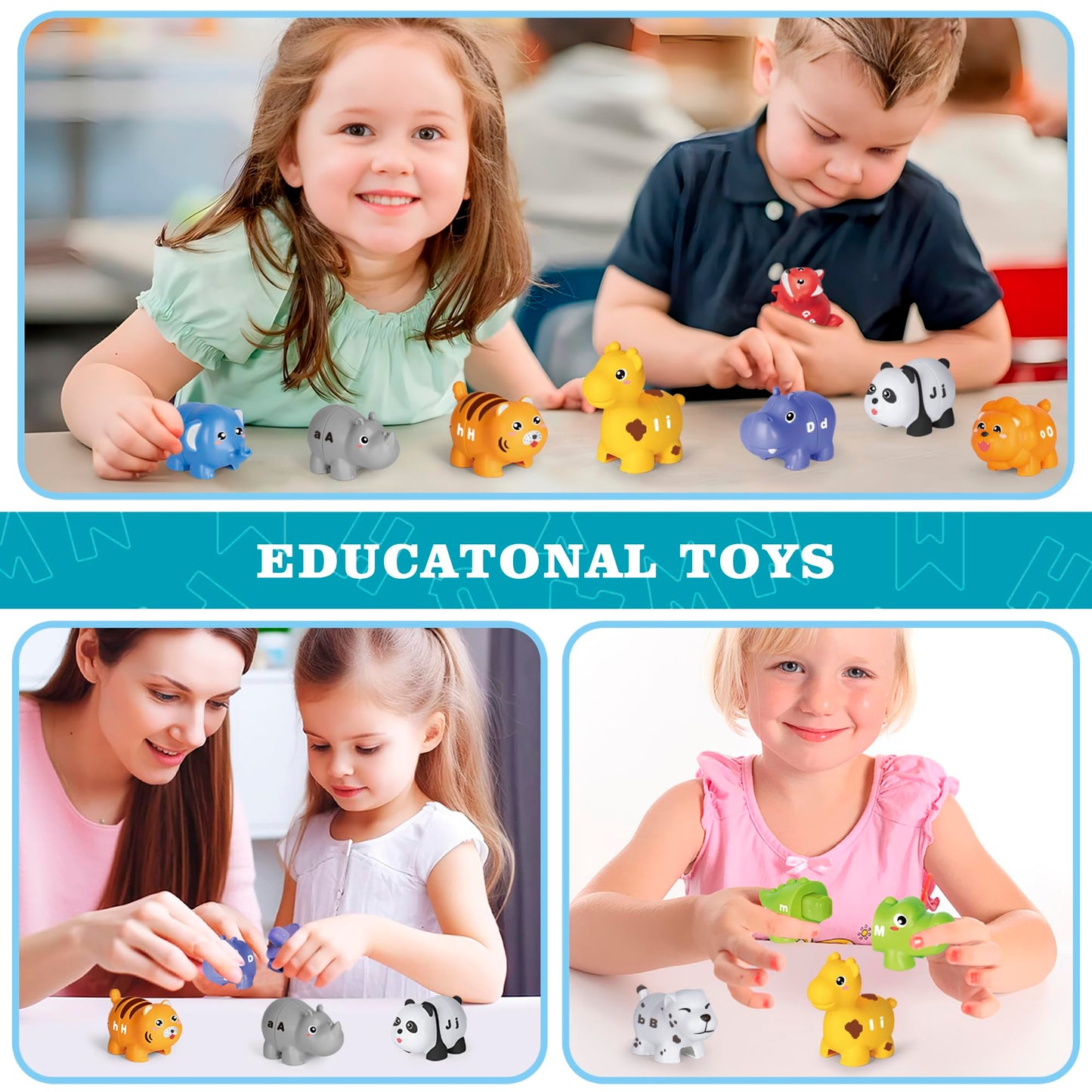 Learning Toys for 2 3 4 Year Old, 52 Pcs ABC Animal Alphabet Match Game with Uppercase Lowercase, 10 Different Animal Figures, Preschool Activities Montessori Fine Motor Toys for Toddlers Kids