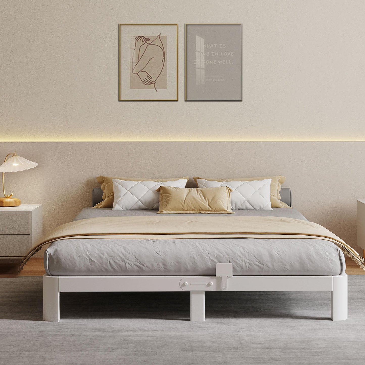KZZLOL 6 Inch White Low Profile Bed Frame Queen, Low Queen Size Bed Frame No Box Spring Needed, Mattress Stopper, DIY Headboard, Heavy Duty Beds Support 3000 LBS, Rounded Leg, Easy Assembly, Noiseless