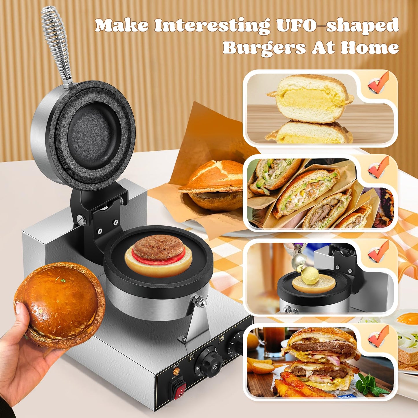 Moongiantgo UFO Burger Waffle Maker, Ice Cream Filling Burger Machine With 0-5 Time & 50-300℃ Temp Control, Double-Sided Heating Hamburger Maker Non-Stick Gelato Panini Press For Home Kitchen (110V)
