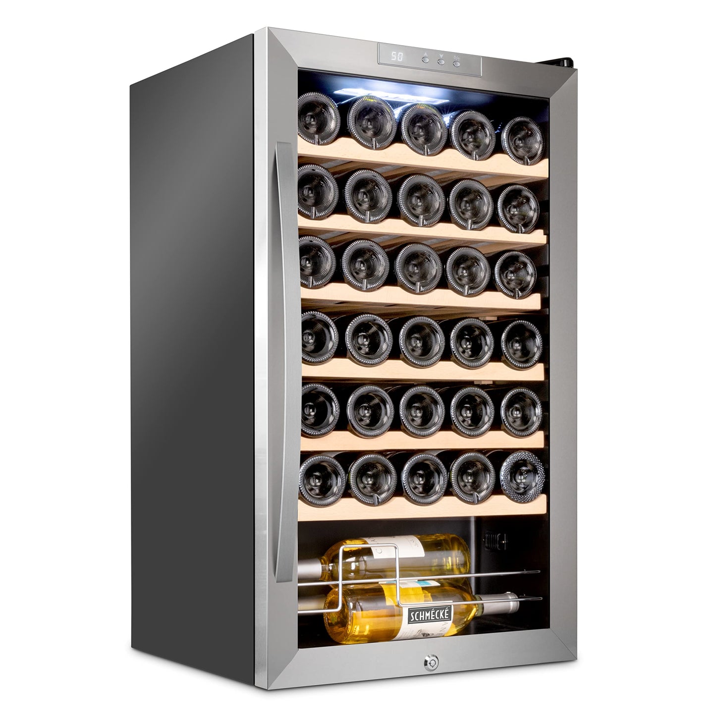 SCHMÉCKÉ 34 Bottle Compressor Wine Cooler Refrigerator w/Lock - Large Freestanding Wine Cellar For Red, White, Champagne or Sparkling Wine - 41f-64f Digital Temperature Control Fridge Stainless Steel