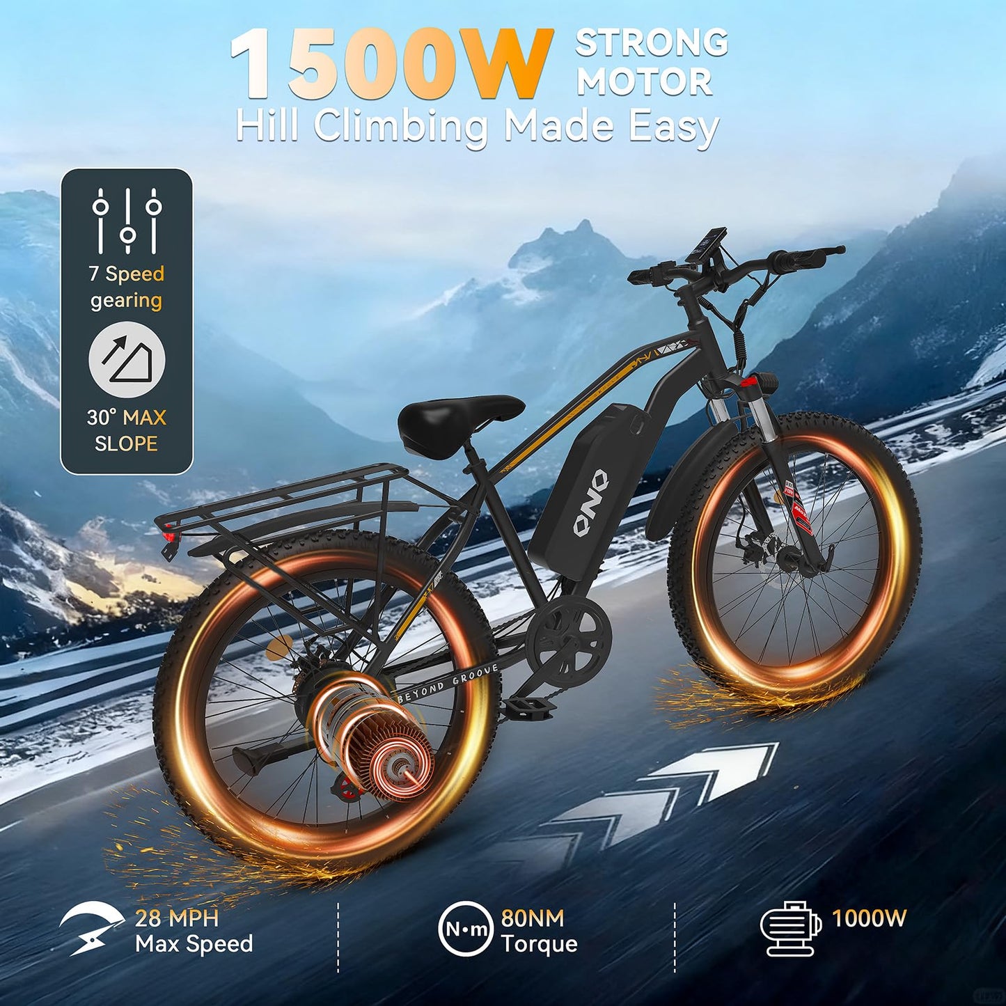 Electric Bike for Adults丨1500W Peak Power丨20 MPH,60+Miles丨48V 15Ah Removable Battery丨26''Fat Tires丨7-Speed Gears丨Dual Shock Absorbers丨 High Carbon Steel. Adaptive Cruise Control.