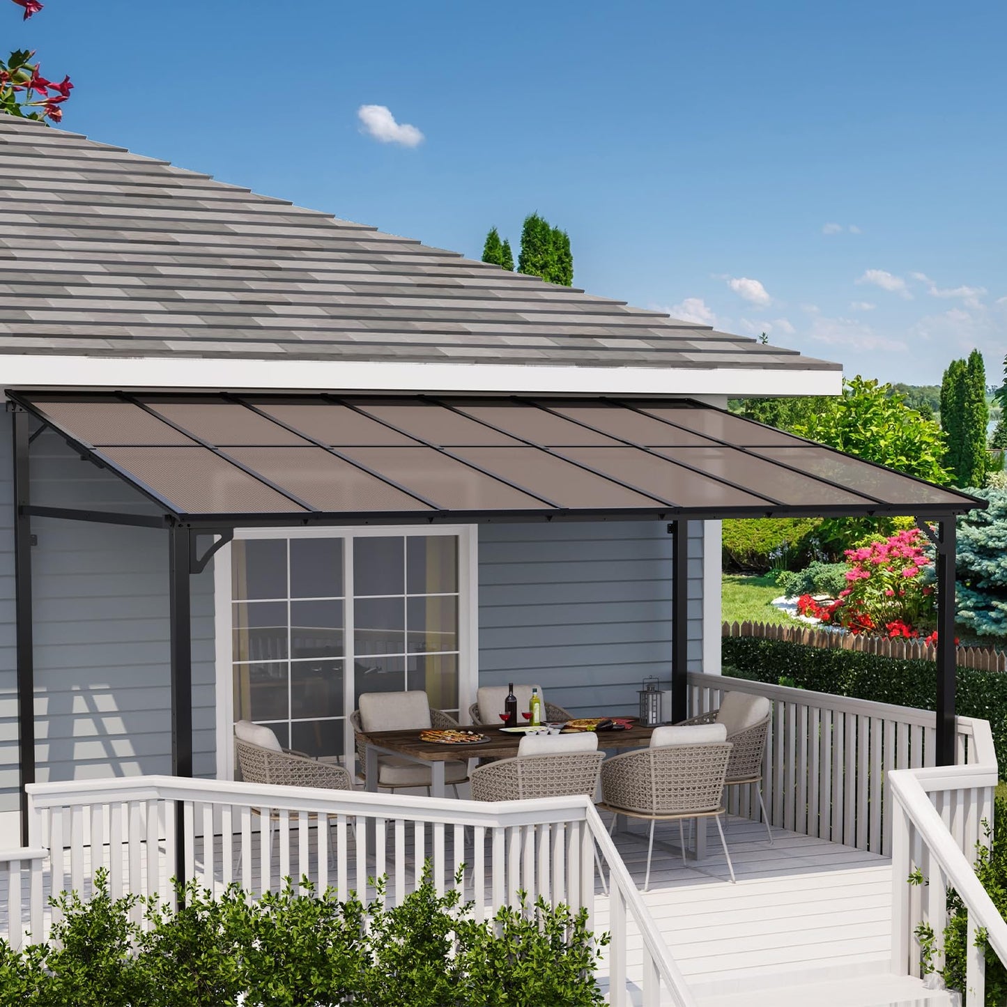 10x14FT Lean to Gazebo, Heavy-Duty Wall-Attached Gazebo with Sturdy Steel Frame, Hardtop Metal Pergola with 6mm Anti-UV Polycarbonate Roof & Pre-Drilled Post Bases, Patio Canopy for Backyard, Deck