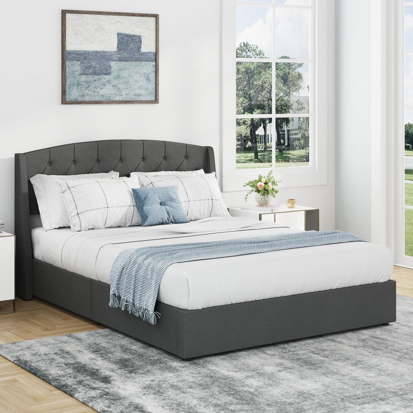 EGOHOME King Size Metal Bed Frame,Hydraulic Lift System and Modern Wingback Design,Heavy-Duty Steel Construction & 900lb Capacity,Effortless Assembly with Ratchet Wrench,No Box Spring Needed,Dark Grey