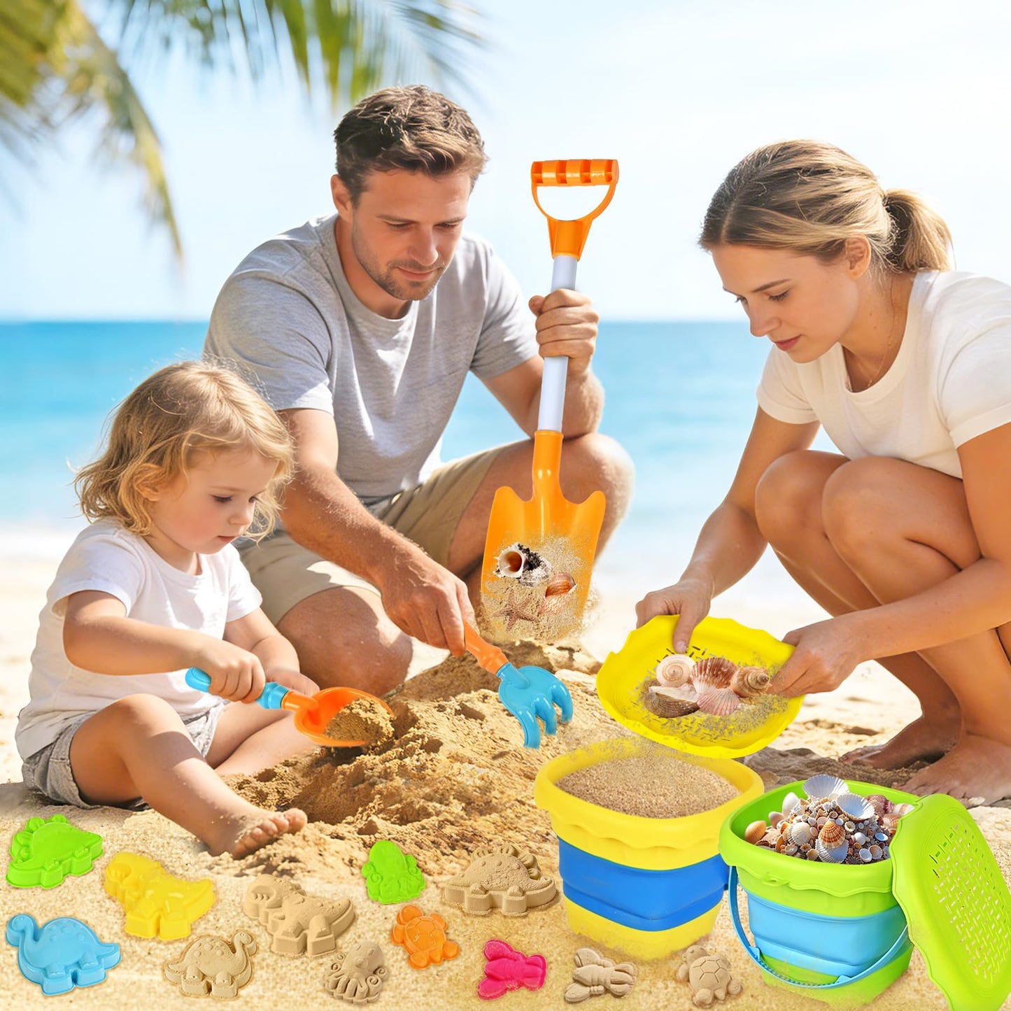 SpringFlower Beach Sand Toys for Kids, Sand Toys with 2 Collapsible Beach Bucket with Sifter Shovels Set with Mesh Bag and 6 Sand Molds, Foldable Beach Travel Beach Sandbox Toys, 11 PCS