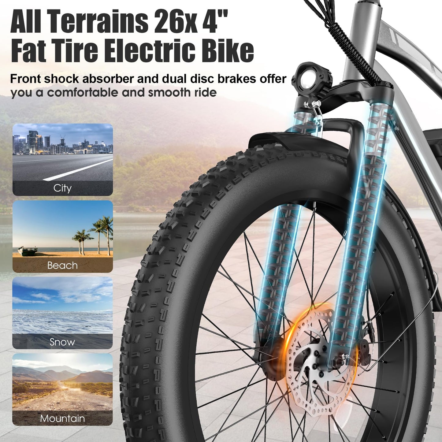 Loeook Electric Bike for Adults, 1000W Peak 25MPH 60Miles Ebike,48V 13AH Battery Electric Mountain Bike, 26" x 4'' Fat Tire Electric Bicycle with Rear Rack, Fenders, 7 Speed, UL 2849 Certified