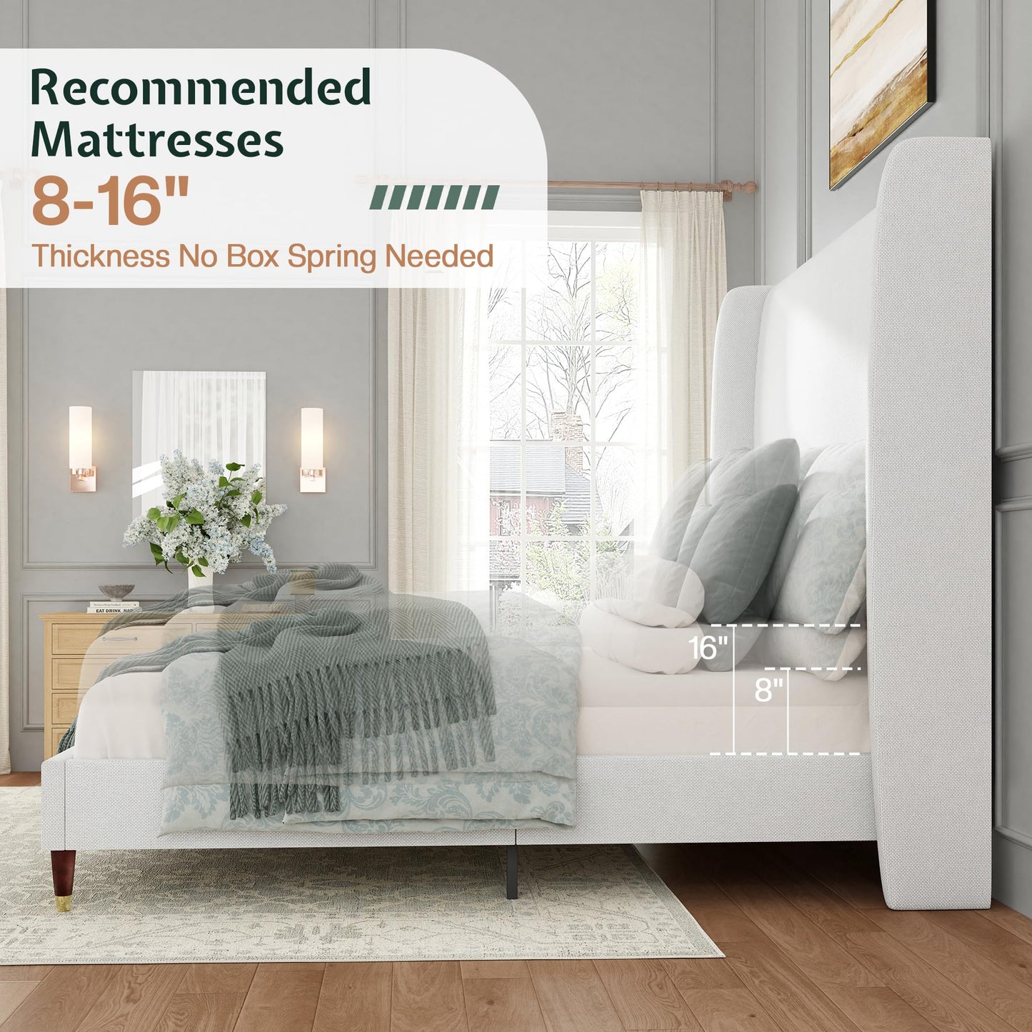 Jocisland Queen Upholstered Platform Bed Frame with 51.2" Tall Wingback Headboard–Solid Wood Legs, No Box Spring Needed, White Linen–Modern Style for Any Bedroom
