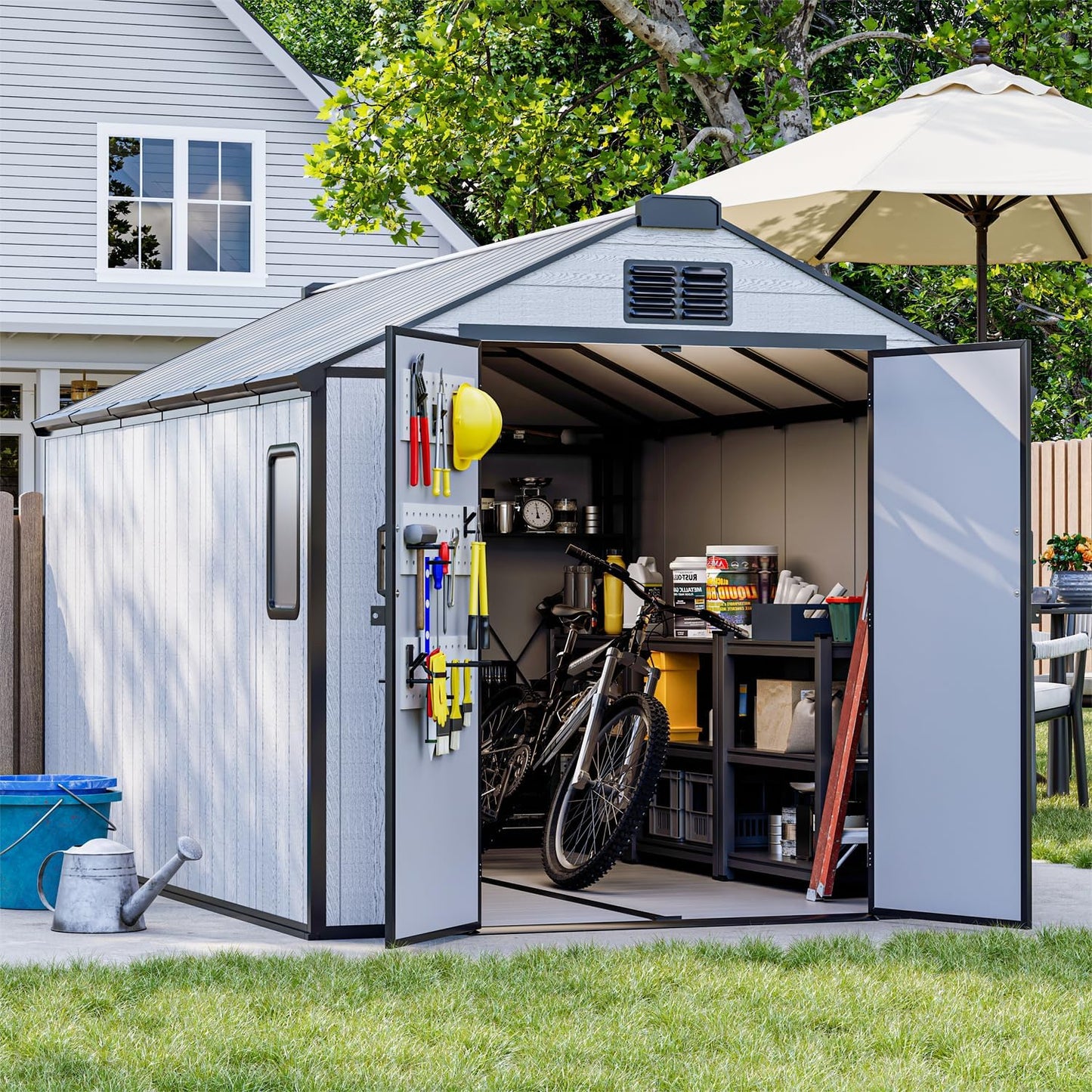 DNYKER 8 x 12 FT Resin Outdoor Storage Shed, All-Weather Plastic Garden Shed with Floor, Lockable Doors & Windows, Plastic Tool Shed for Poolside, Backyard, Patio