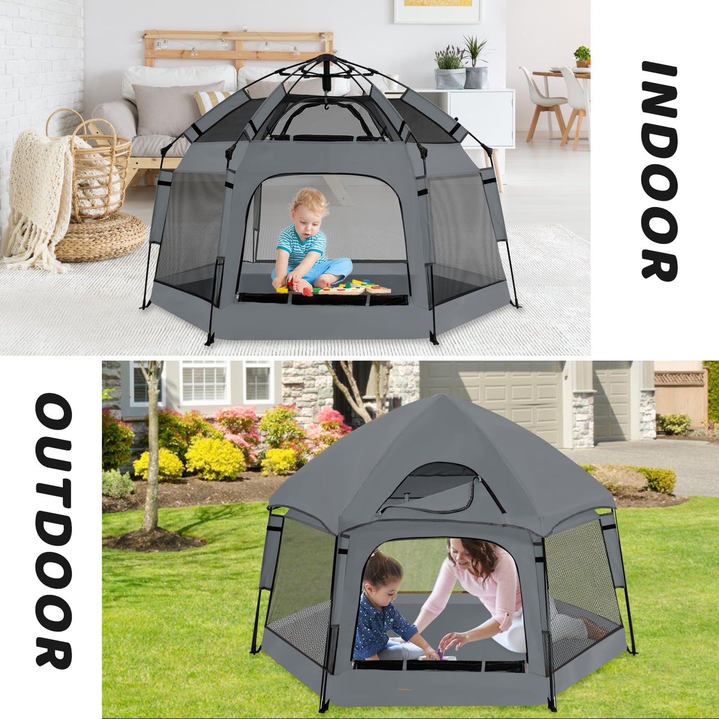 Instant Pop Up Baby Playpen with UV Canopy & Safety Lock, Portable Outdoor Beach Tent Play Yard for Toddlers, Breathable Mesh & Carry Bag, Indoor & Backyard Use (Grey)