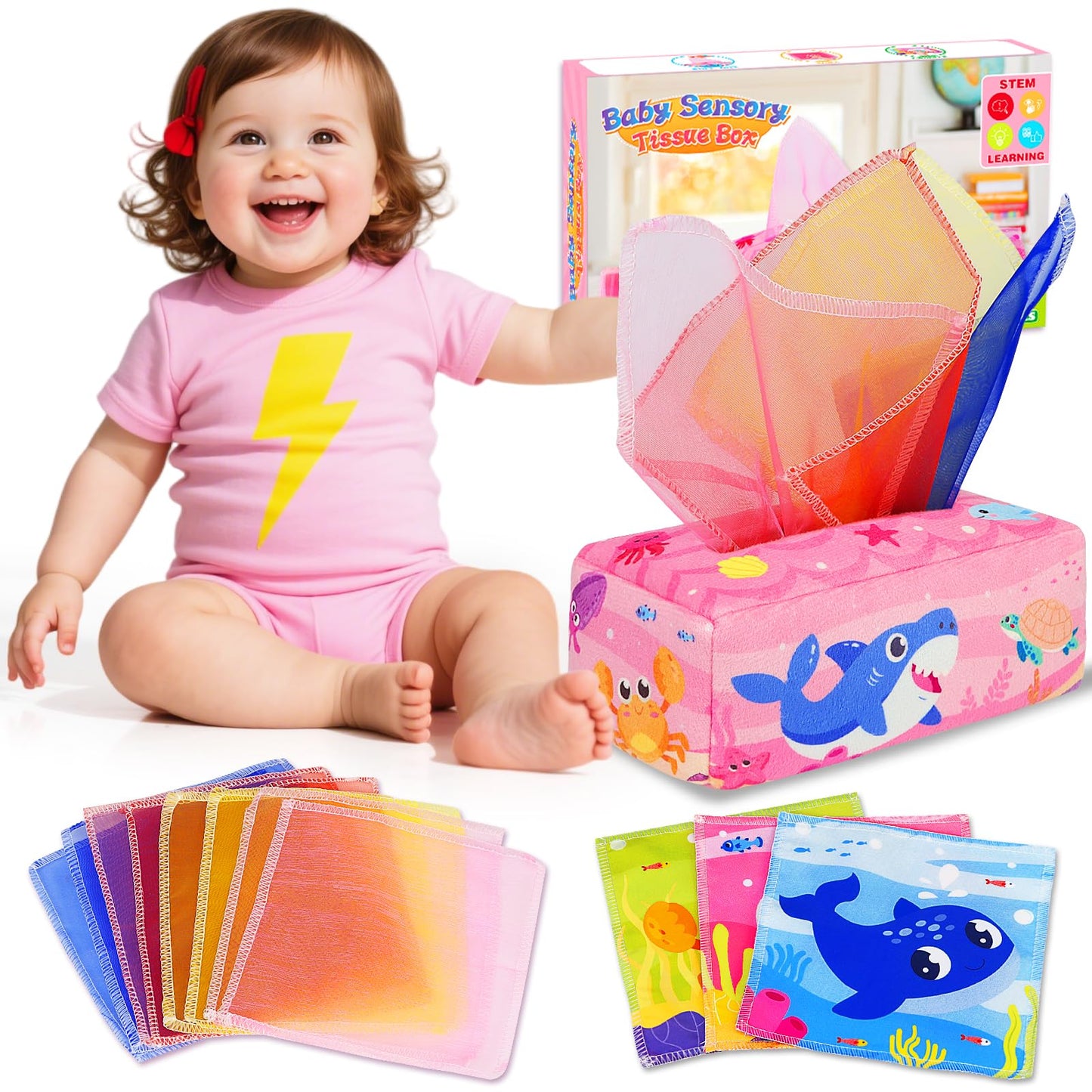 Aiduy Baby Tissue Box Toy - Baby Girl Toys Montessori Toys for Babies 6-12 Months - Soft Stuffed High Contrast Crinkle Infant Sensory Toy 6 7 8 9 10 11 12 Months Old Gifts Pink