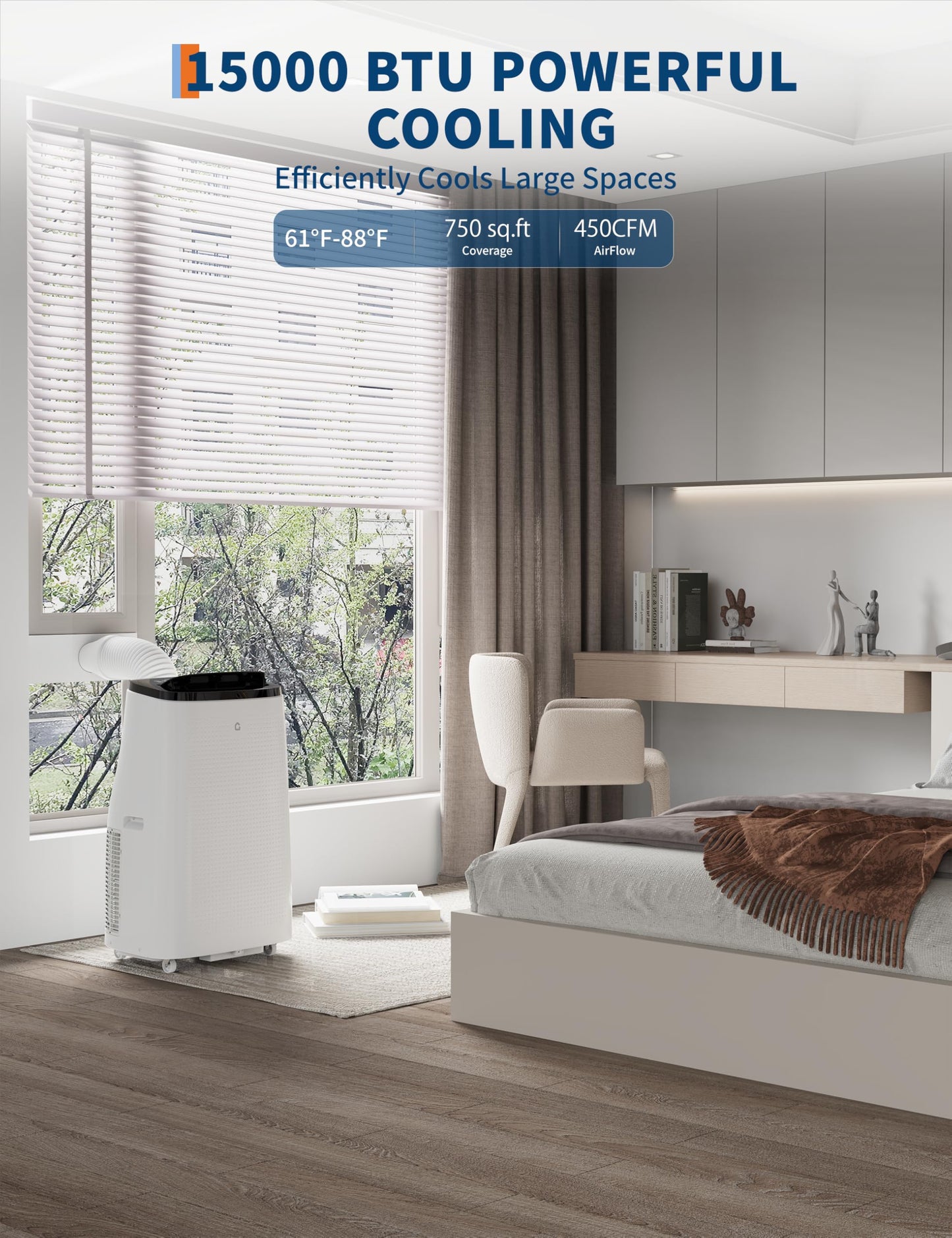 15000 BTU Portable Air Conditioner - Cools 700-850 Sq Ft Rooms, 3-IN-1 Quiet Portable AC Unit, Full Installation Kits for Large Room, Sleep Mode, Auto Swing, 24H Timer, White