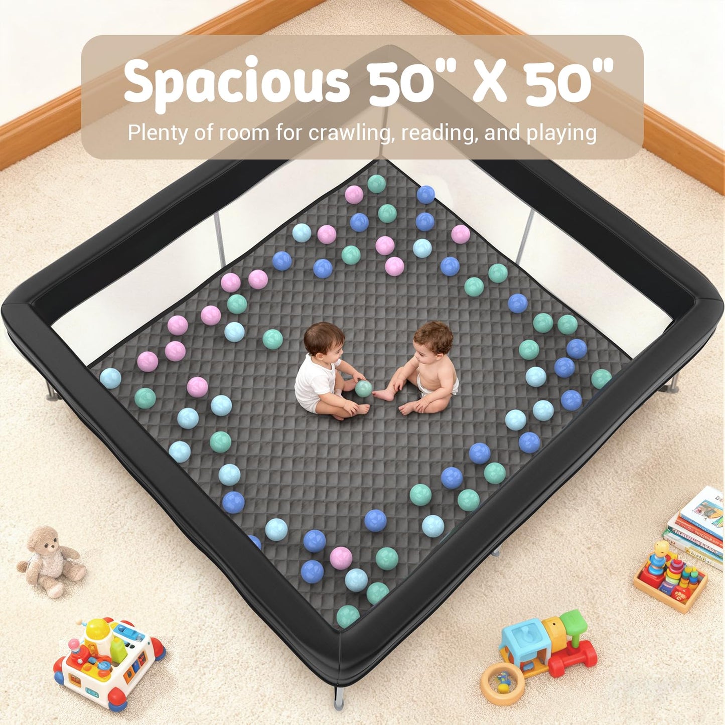 Desque Foldable Baby Playpen with Mat, 50"×50" Collapsible Play Yard for Babies and Toddlers, No Assembly Required, Kids Safety Play Area with 4 Handles, 50 Balls and Visible Mesh, Black