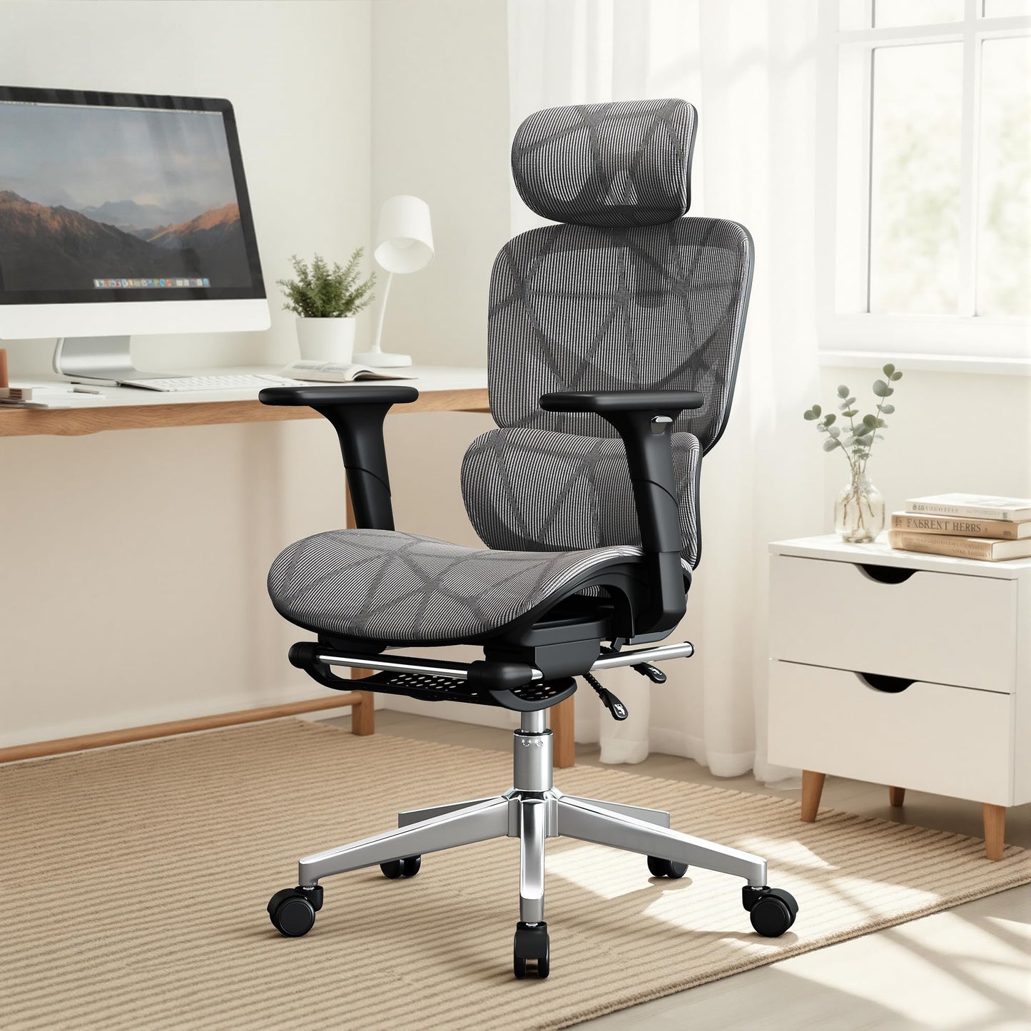 Opiesit Office Chair with 3D Adjustable Lumbar Support,Ergonomic Computer Chair,Adjustable Headrest and Armrests, 400lbs Capacity,Tilt-Swivel,Premium Mesh Desk Chair for Office,Home & Gaming (Grey)