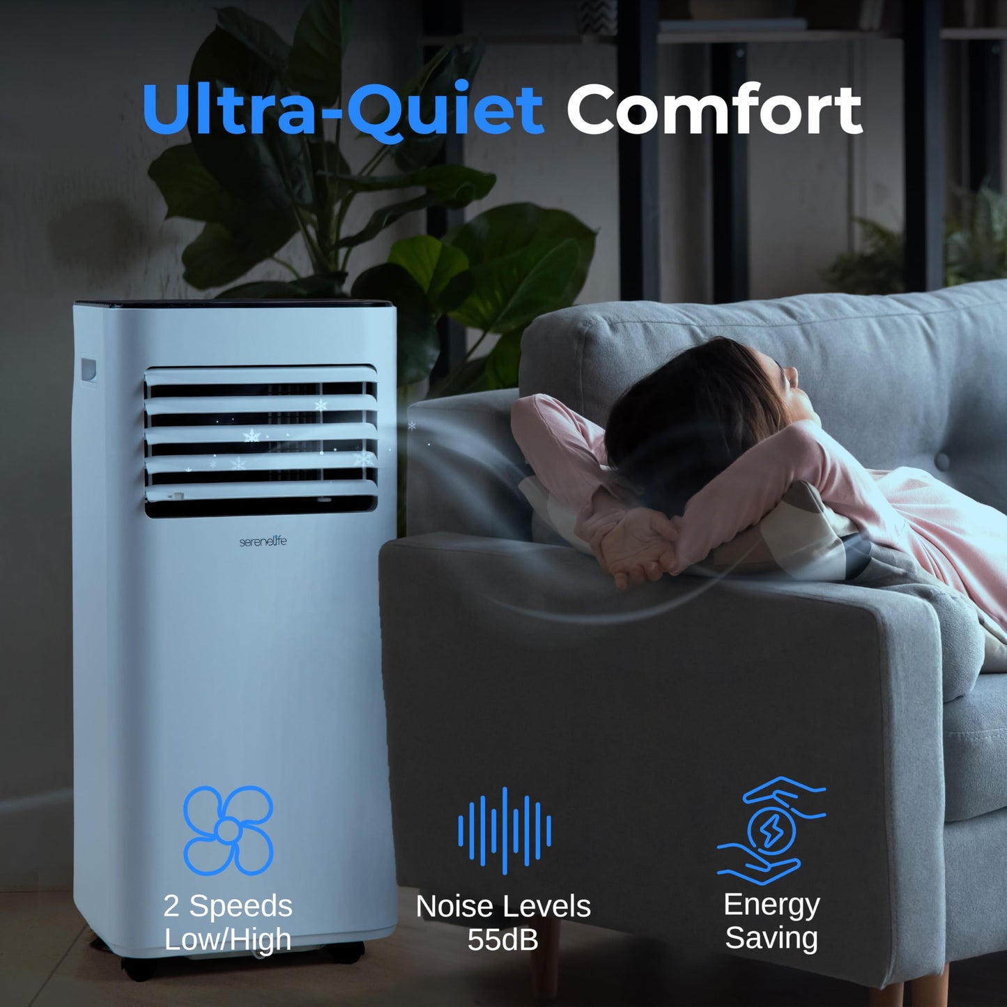 SereneLife 10000 BTU Portable Air Conditioner - Free-Standing A/C Unit w/Cooling, Dehumidifier & Fan, Energy Efficient, 320 Sq. Ft. Coverage, Includes Window Mount Kit & Wheels, 11x11x27 IN (White)