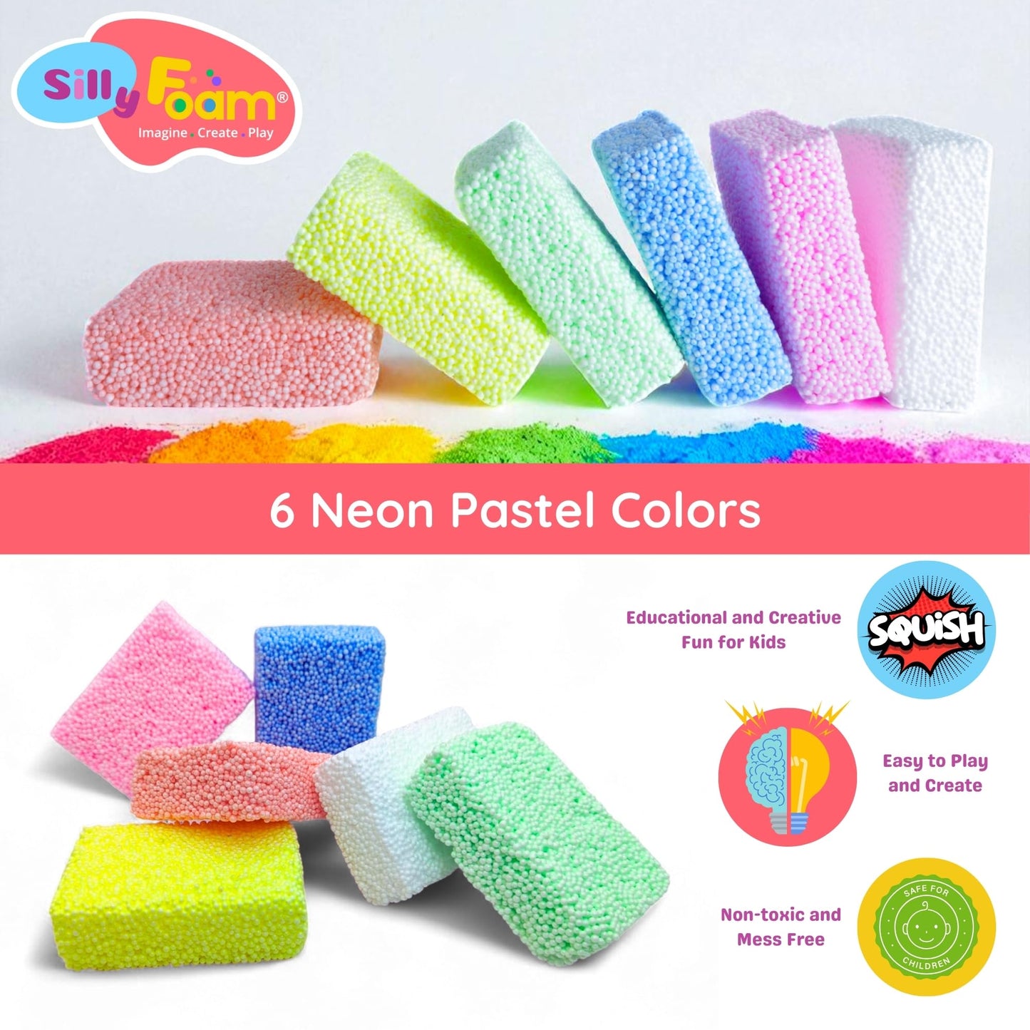 Silly Foam, Creative Modeling Foam Beads, 2-Pack of 6 Primary + 6 Neon Pastel Blocks, No-Slime No-Mess, Perfect for Preschool, Kids, Arts & Crafts, Sensory Play, STEM, Travel Toy, Non-Toxic (Age 3+)