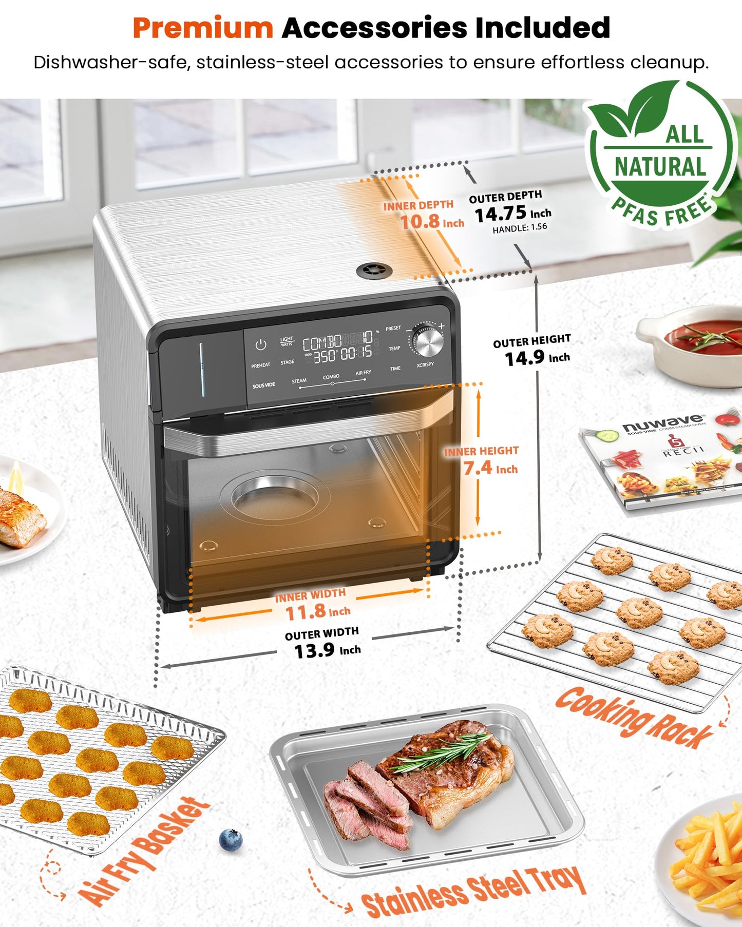 Nuwave Combi Steam Oven, Non-Toxic Stainless Steel Multi-Cooker with Air Fry, Sous Vide, Toast & More, 50-450°F Precision, 120 Presets, Moisture Control, Programmable, Easy to Clean, 16 quarts