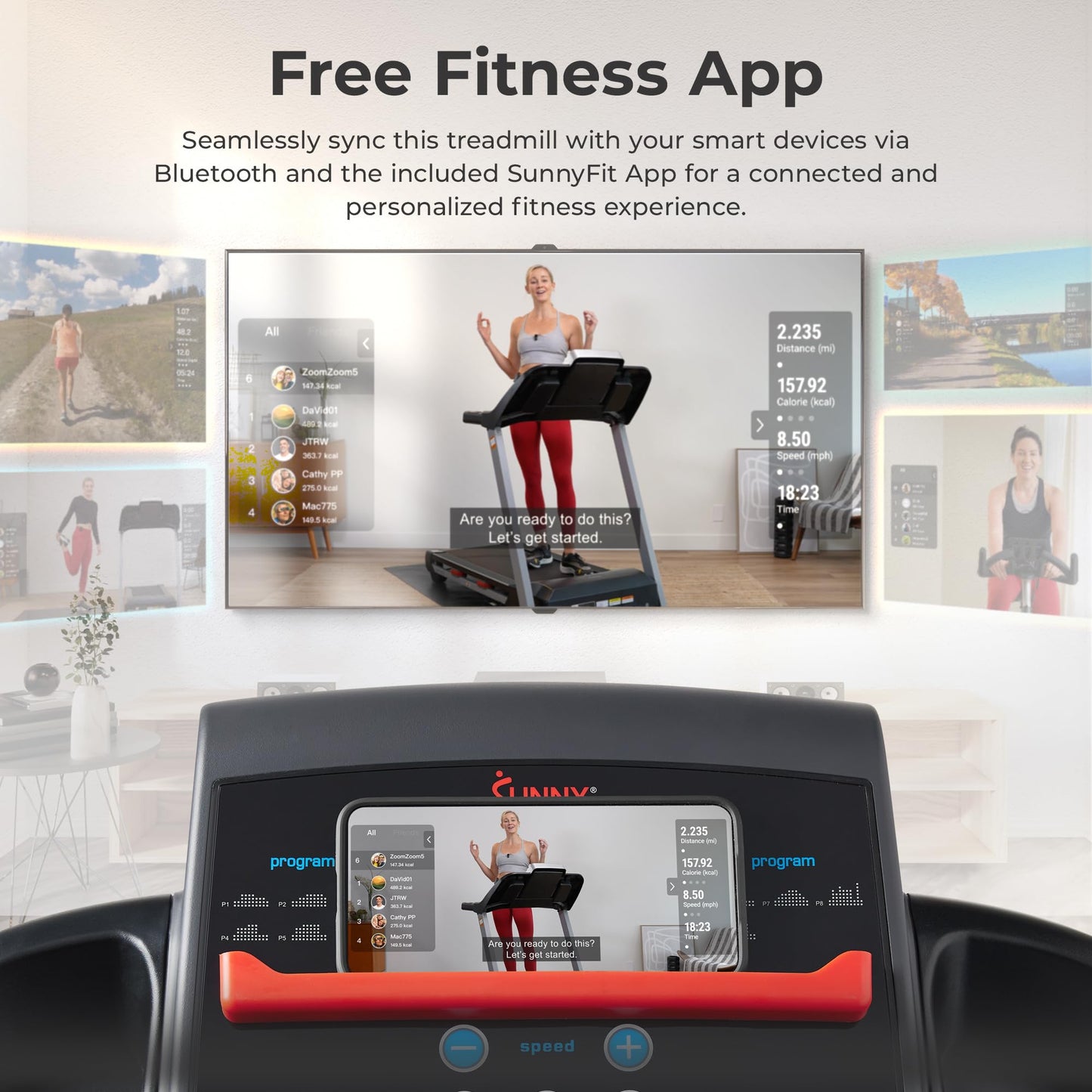 Sunny Health & Fitness Adjustable Incline Foldable Smart Treadmill with Digital Monitor, Shock Absorption, Pulse Sensors, Handrail Controls, SunnyFit App Enhanced Bluetooth Connection - SF-T4400SMART