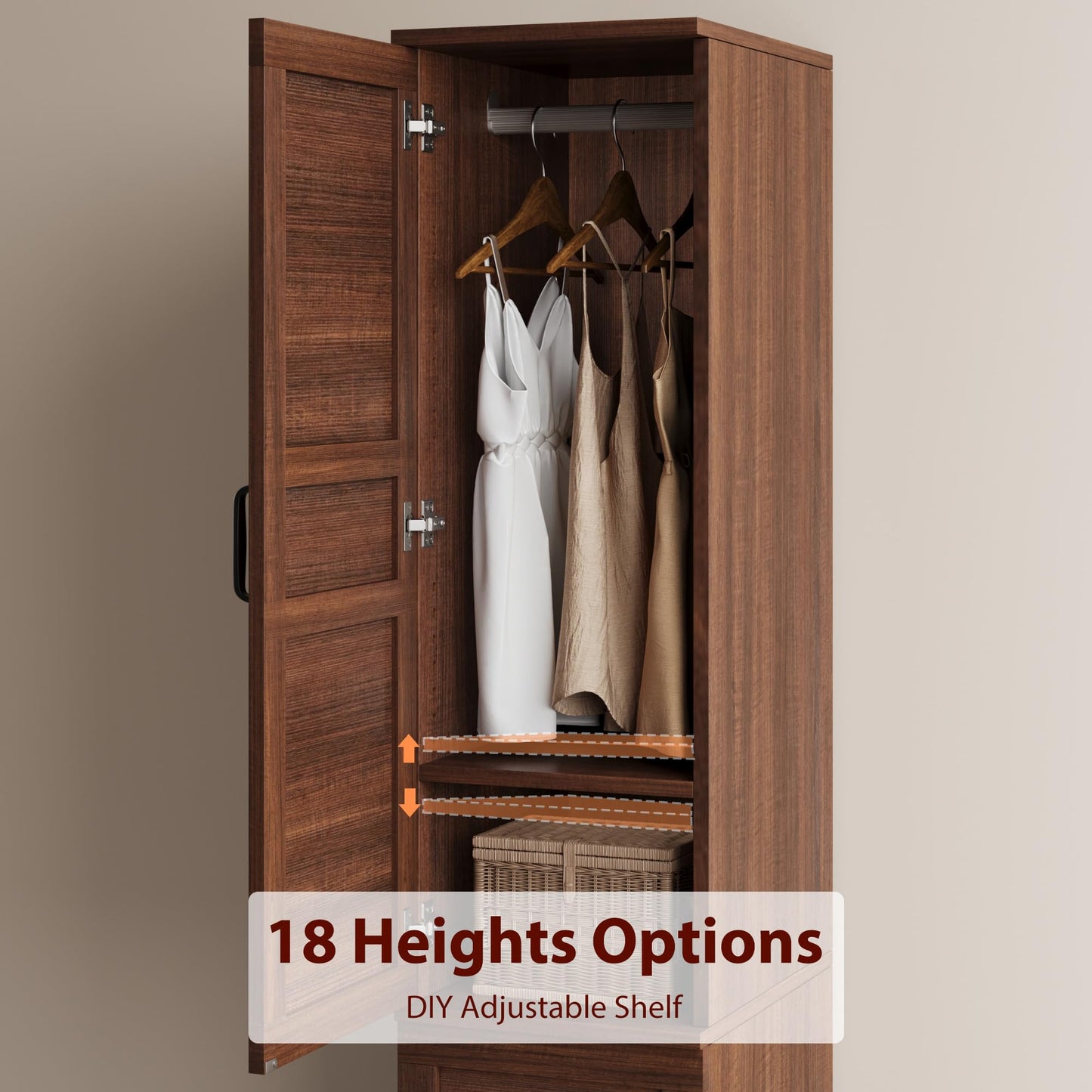 GarveeHome Armoire Wardrobe Closet with 2 Doors, Wooden Wardrobe Cabinet with Hanging Rod, 72 in Narrow Tall Clothing Armoire Cabinet with 18 Adjustable Shelves for Clothes, Bedroom, Walnut