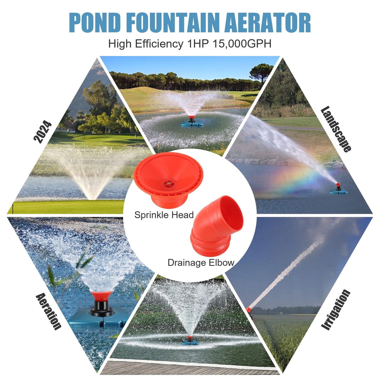 Goldlife Pond Fountain Aerator, F2-2 1HP 750W 110V Stainless Steel Floating Fountain With 100 Feet Power Cord, Aerating Fountain Pond Cascade Pump for Small Large Ponds Lake Jet System