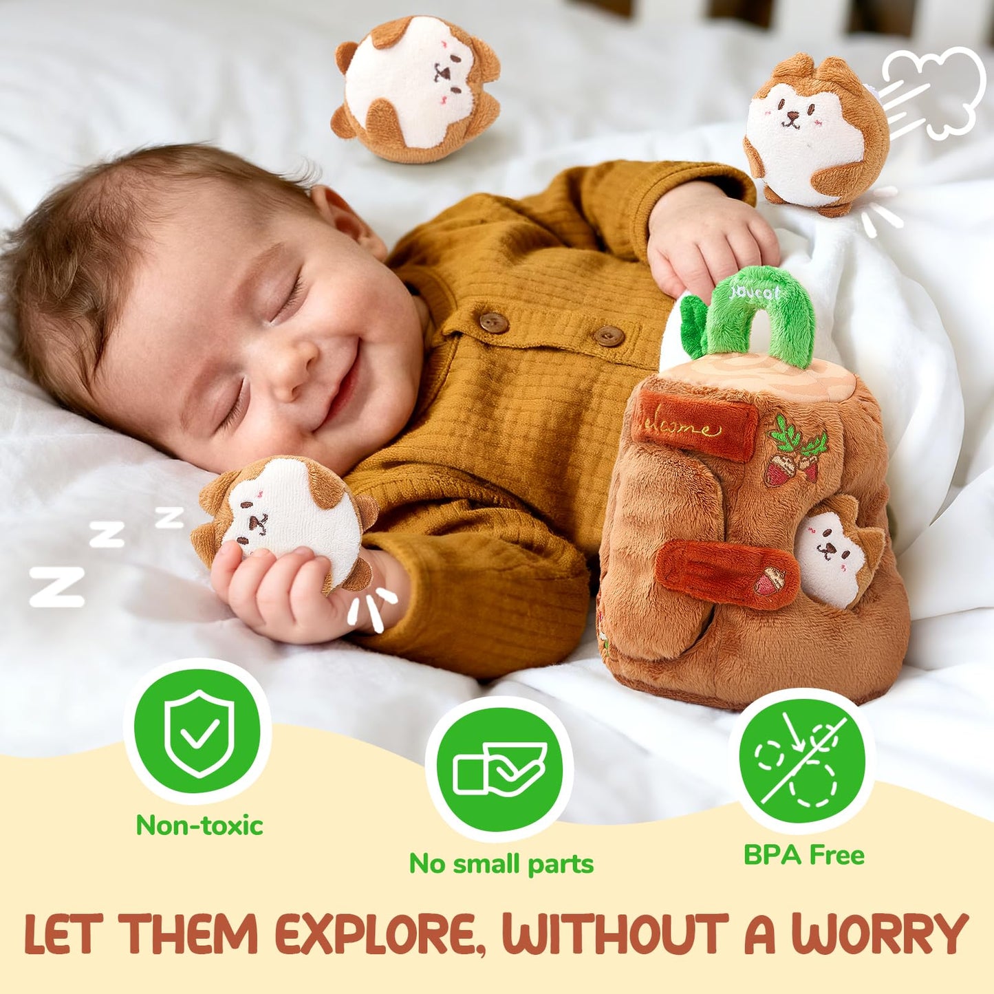 JoyCat Baby Toys 6-12 Months - Soft Baby Treehouse with 5 Sensory Squirrels - Rattle, Crinkle Paper, Squeaker, Mirror, Busy Montessori Soft Toys for Toddlers 0-3 Years Old - Easter Basket Stuffers
