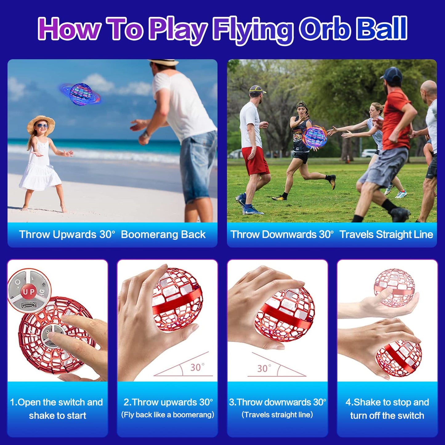 SUMMERLANGUAGE Flying Orb Ball Toy - 2025 Upgraded Magic Flying Orb Toy with LED Light 360°Rotating, Boomerang Flying Toys Indoor Outdoor Fun Games, for Boys Girls Adults Kids (Red)