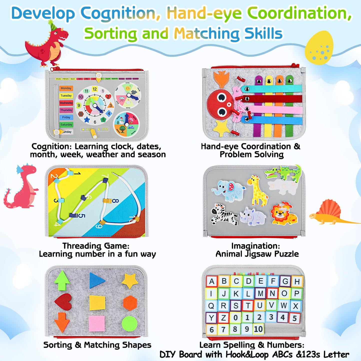 Esjay Toddler Busy Board Montessori Toys for Boys Girls, Sensory Book Educational Activities for Learning Fine Motor Skills, Birthday Gifts for Toddlers, Travel Toys for Airplane Car,Grey Dinosaur