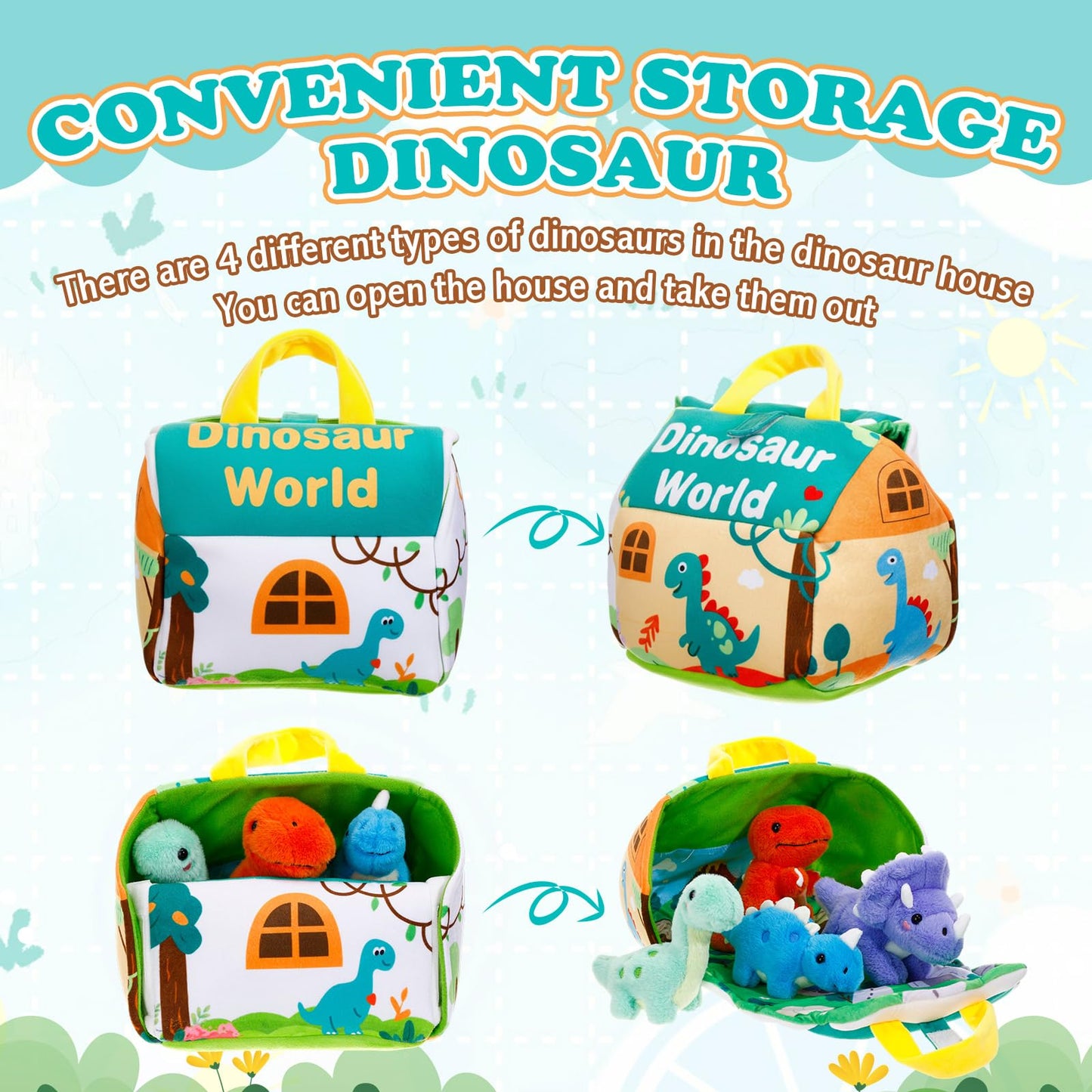 LaRandom 5 Pcs Dinosaur Plush Toys Set with Carry House, 4 Small Stuffed Dinosaurs and Playmat Bag for Dino Birthday Party Favors Goodie Bag Fillers Stocking Stuffers Classroom Prize Gifts