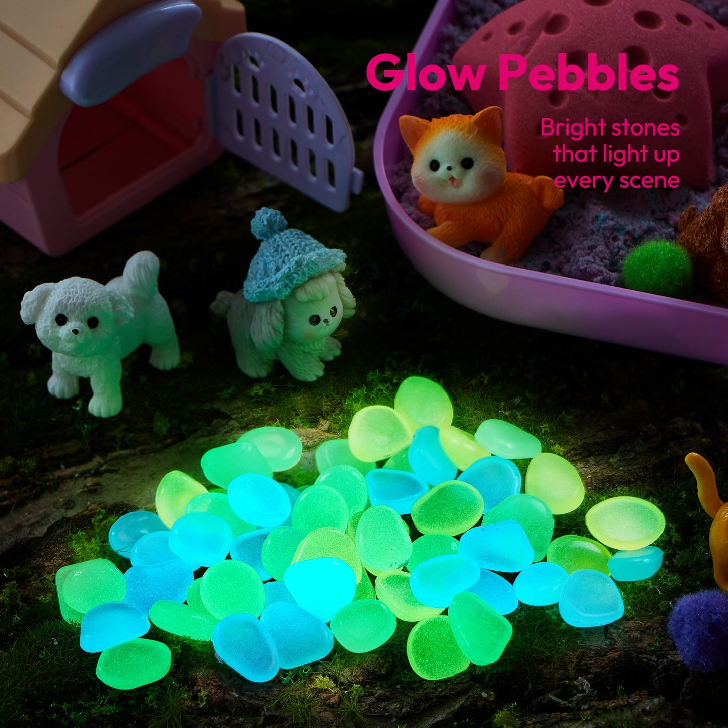 JOVA Klever Kits Cute Pet Sensory Bin for Toddlers with Glow in The Dark Stones, Sandbox with Lid Dual-Color Sand, Preschool Learning Activities Gifts for Boys Girls Age 3+