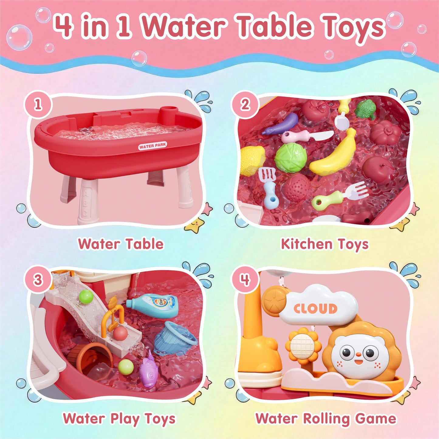 2026 New Kids Sand & Water Table Toys for Toddlers, Kids Water Park Play Kitchen Sink with Running Water,Giraffe Electric Faucet,Water Rolling Game,Detachable Legs Toddler Summer Toy for Boys Girls