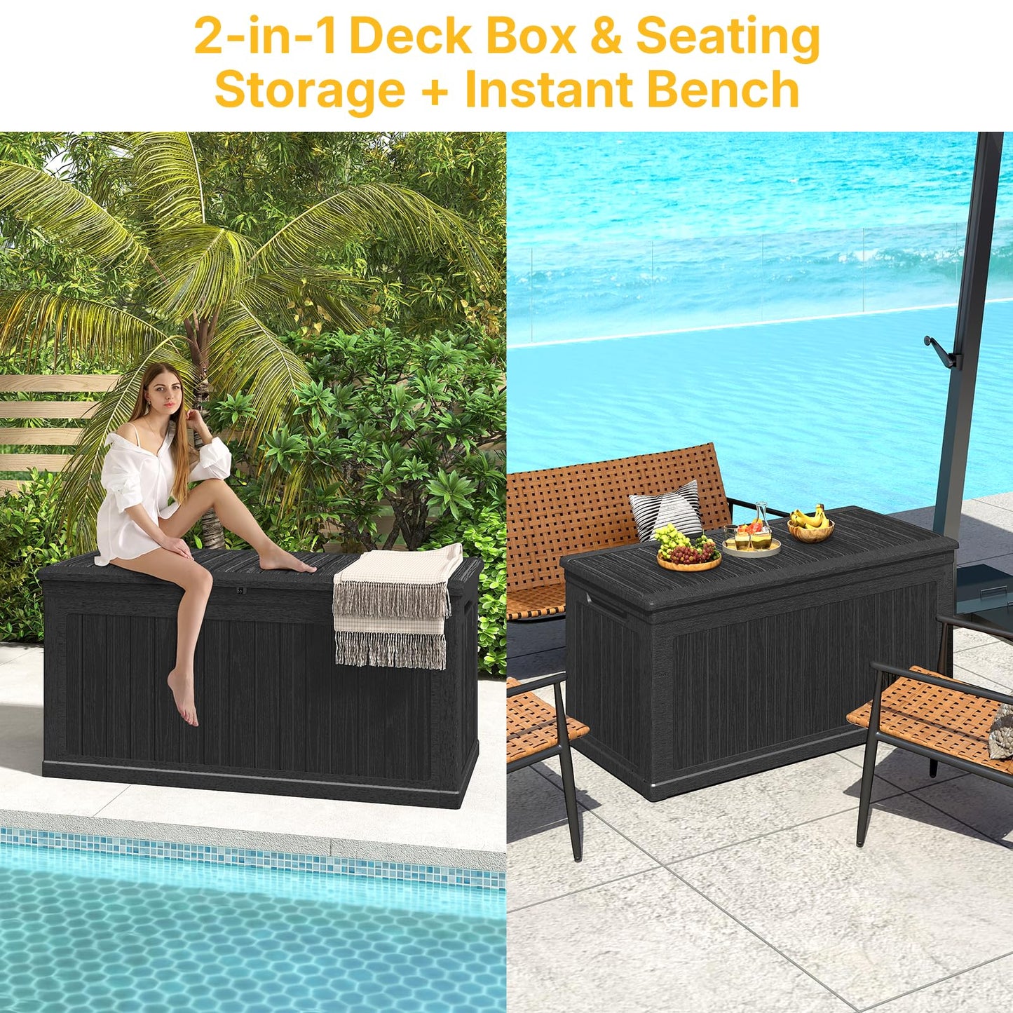 Skepphlay 260 Gallon Deck Box Lockable, Outdoor Storage Box Waterproof and UV Resistant, Large Patio Storage Box with 1000 lbs Capacity, for Garden, Patio Furniture, Pool (Black)
