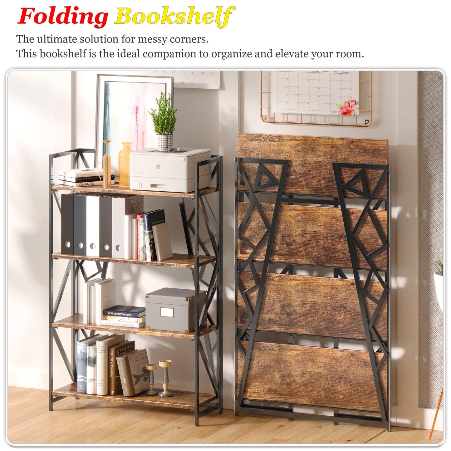 UDD No Assembly Wide Folding Bookshelf, 50.8" H x 30.9" W, 4 Tier Foldable Book Shelf Industrial Bookcase, Vintage Collapsible Storage Shelves for Home Office Living Room Bedroom, Rustic Brown Black