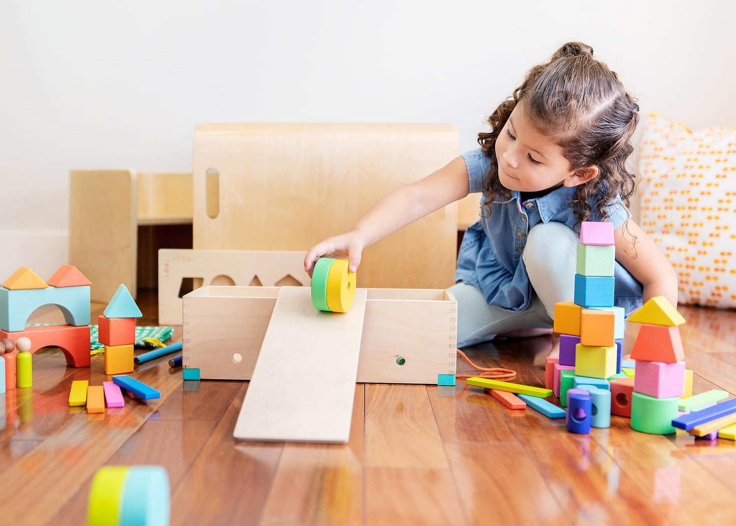 LOVEVERY | The Block Set | Solid Wood Building Blocks and Shapes + Wooden Storage Box, 70 Pieces, 18 Colors, 20+ Activities, Toddler Block Set and Converts into a Pull Car, Ages 12 to 48+ months