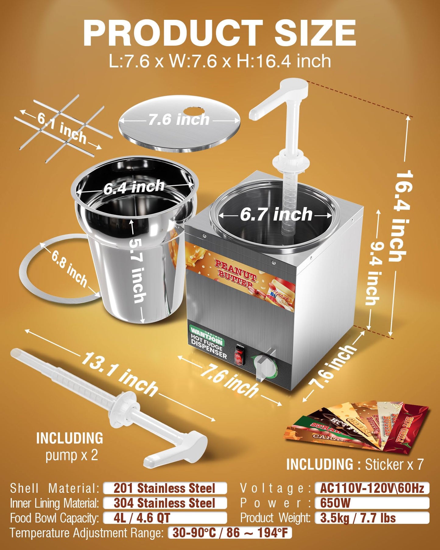 WantJoin 4.6Qt Nacho Cheese Dispenser with Pump - Nacho Cheese Warmer,Stainless Steel Hot Fudge Warmer W/5-Level Temperature Adjustment,Commercial Hot Fudge Dispenser for Caramel