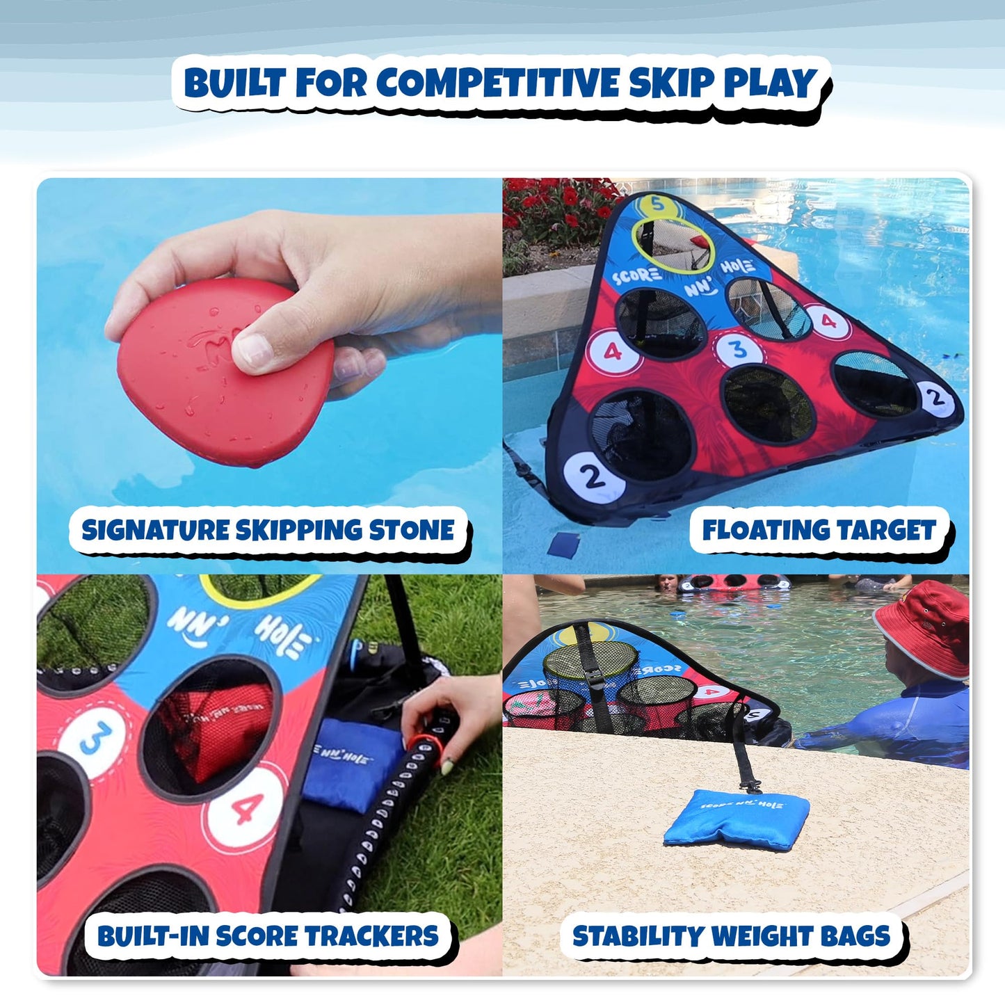 SKIP NN' HOLE Original Fun Stonne Skipping Meets Pool Cornhole Game Floating | for All Ages | Fun Swimming Pool Game for Adults and Family | Easy Setup, Durable, Portable Water and Lake Toy |