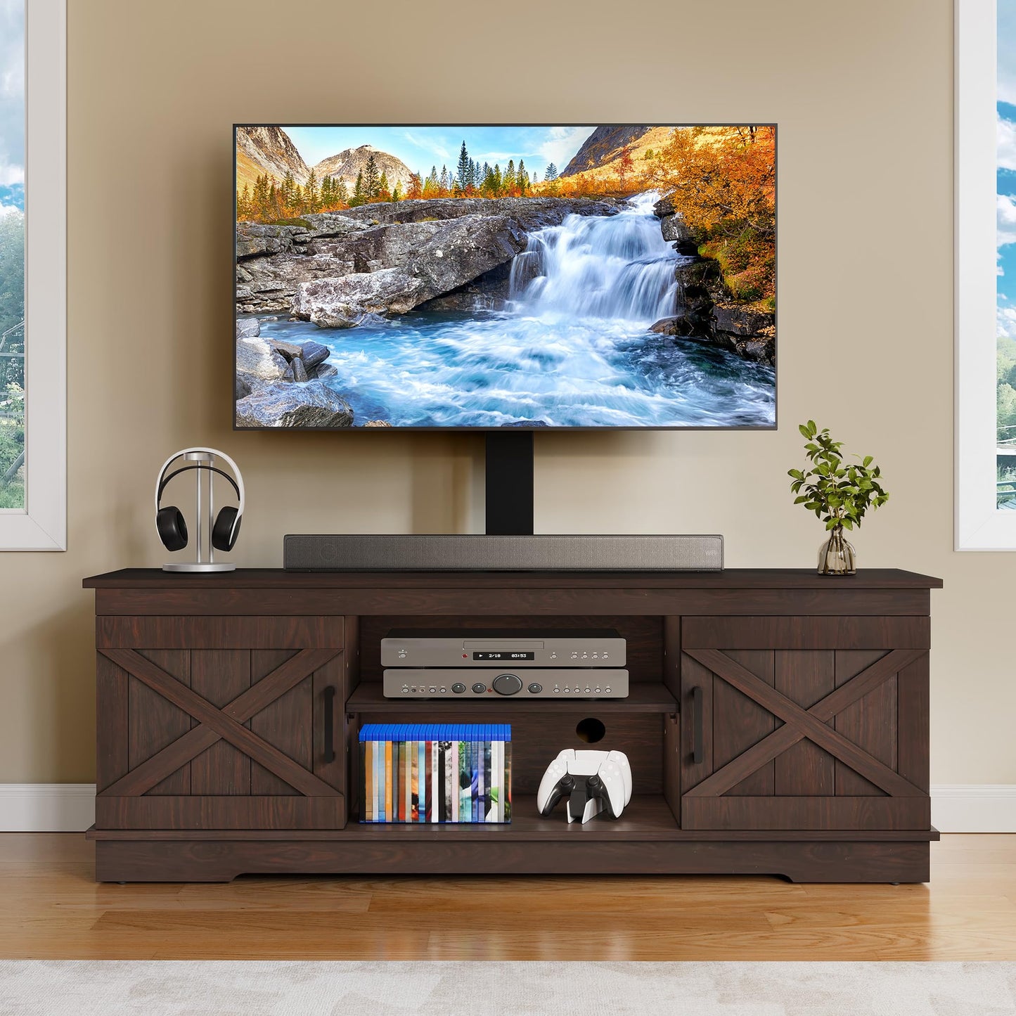 YITAHOME Farmhouse TV Stand with Mount, Sturdy TV Stand Mount for 32/45/55/60/65/70 inch TVs, Entertainment Center with Adjustable Shelf, TV Cabinet Media Console for Living Room, Espresso