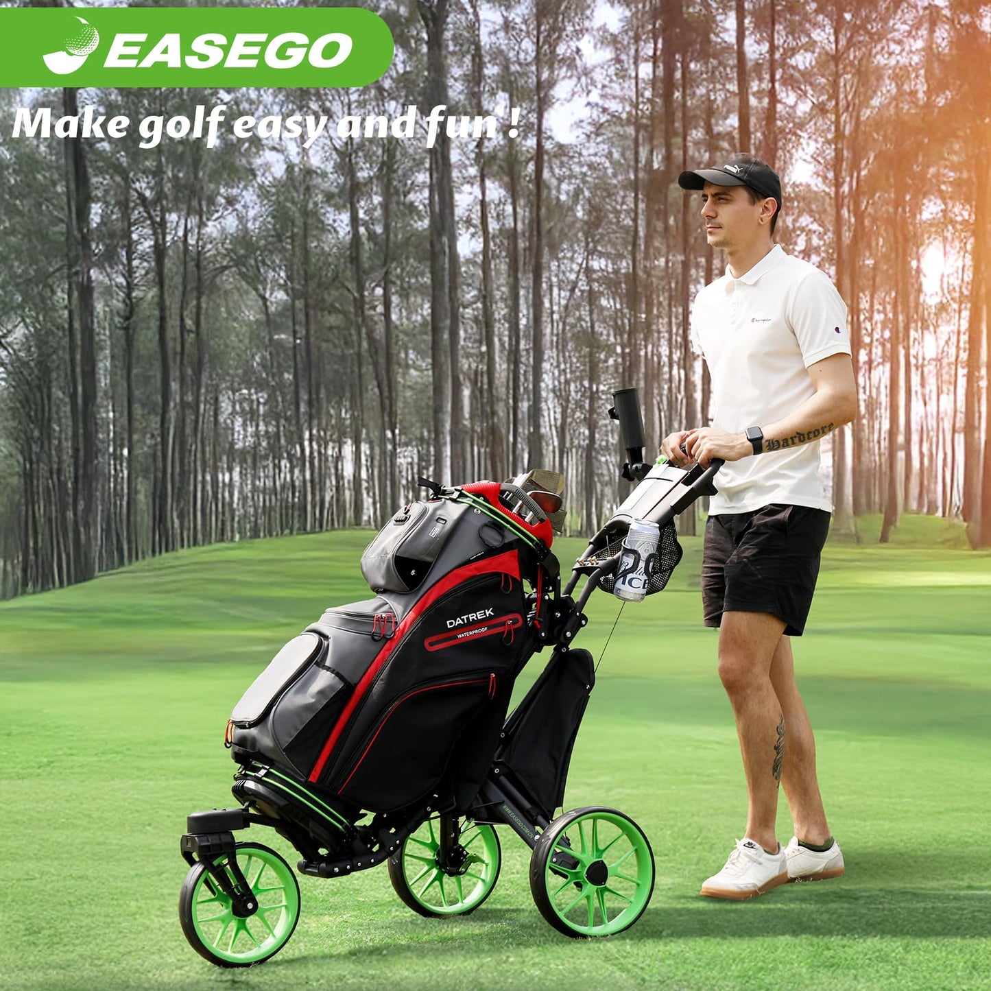 EASEGO Golf Push Cart 3 Wheel : 360° Swivel Front Wheels with Phone Holder/Cup Holder/Umbrella Holder/Foot Brake Quick Fold Golf Walking Push Pull Carts All-Terrain Golf Caddy Carts(Lime Green)