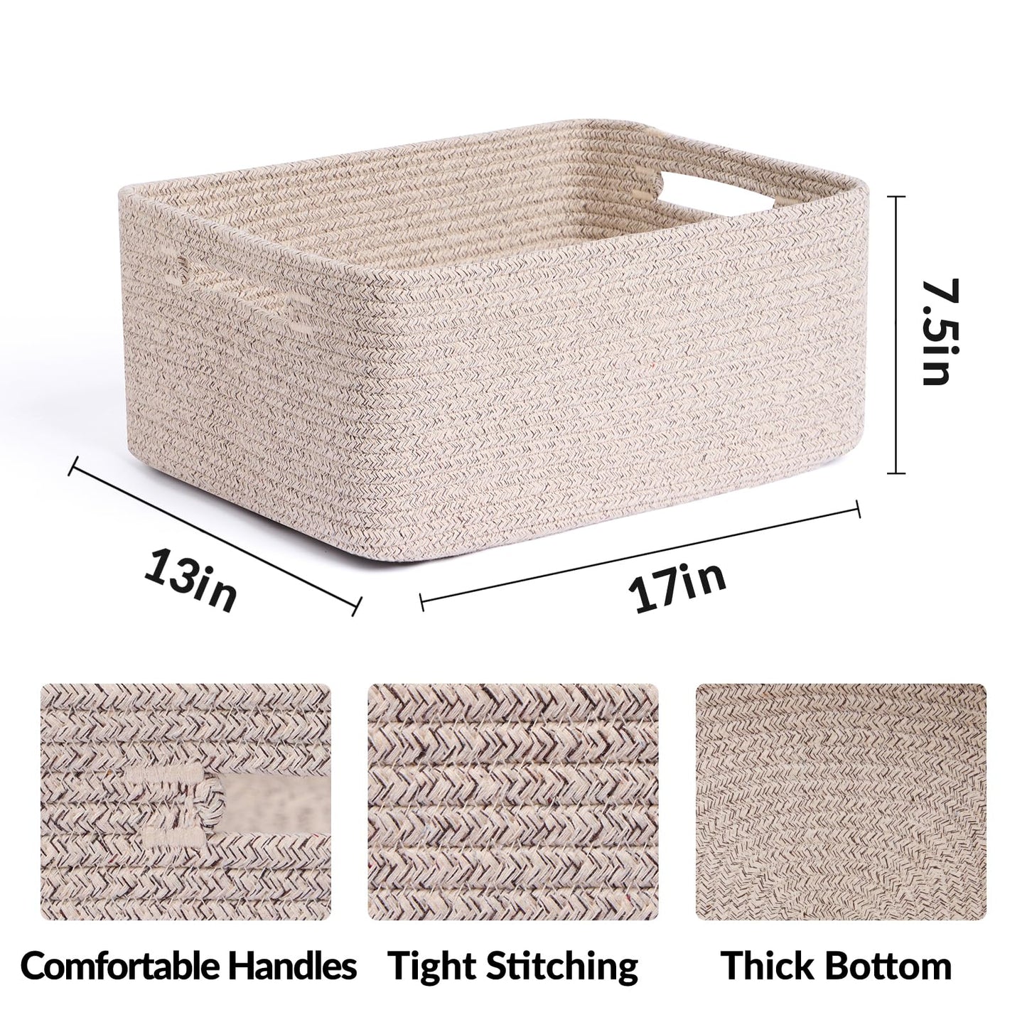 MiniArk Large Storage Baskets for Shelves, Closet Organizers Bins for Clothes Blanket Towels, Baby Nursery, Toy Baskets Box, Woven Rope Baskets, 17 x 13 x 7.5”, 3 Packs Mixed Brown