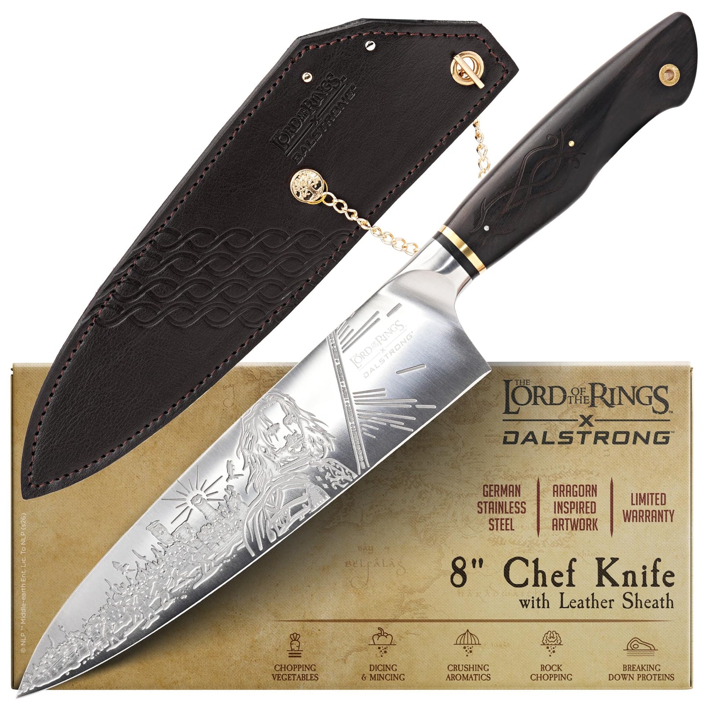 Dalstrong Chef Knife - 8 inch - Lord of the Rings™ Edition - Official Licensed Collection - Humans Aragorn - Premium German X50CRMOV15 Steel - Ebony Wood Handle - Leather Sheath