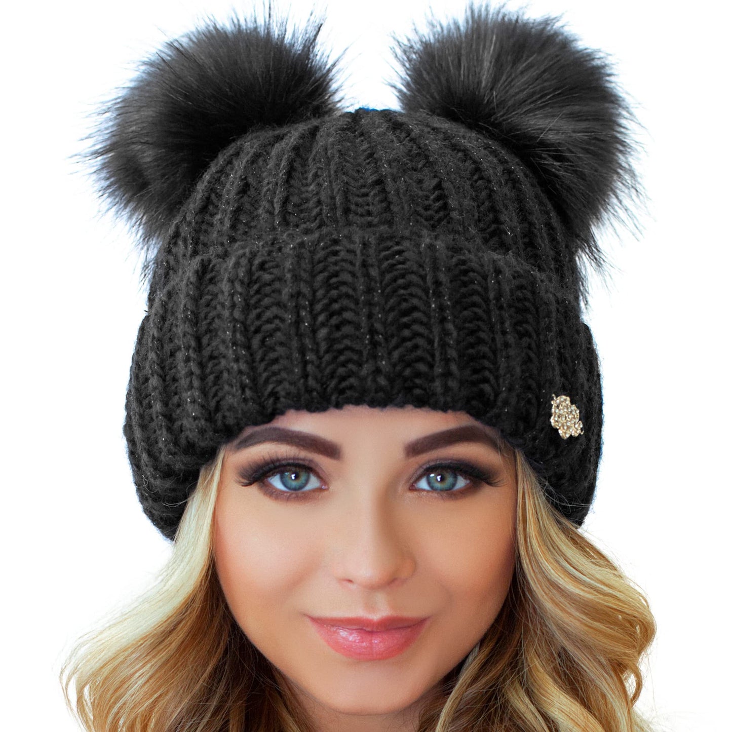 Braxton Beanie for Women - 2 Pom Cable Knit Winter Warm Fleece Hat - Wool Snow Cuff Ski Cap
