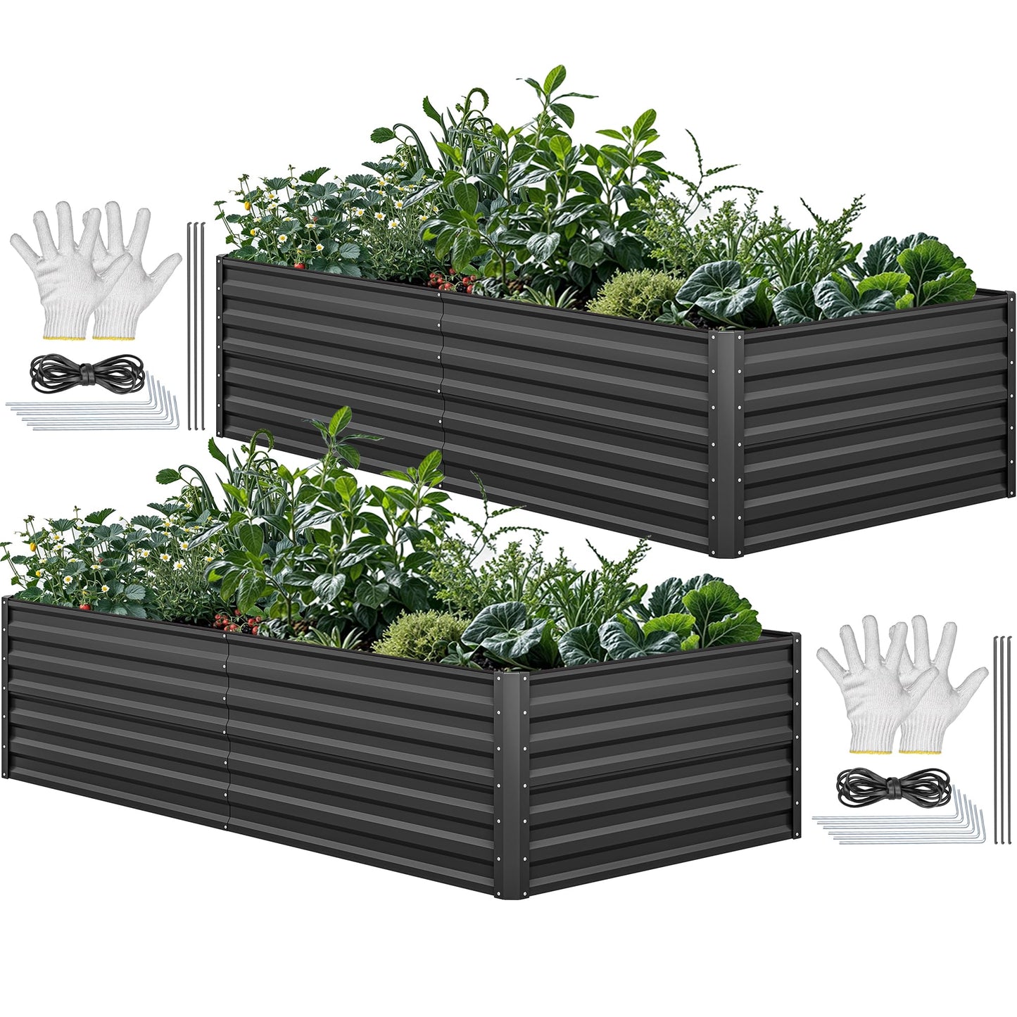 YITAHOME 8x4x2ft 2pcs Large Raised Garden Bed Kit, Galvanized Metal Planter Box with Gloves, Ground Nails & Safety Rubber, Outdoor Above Ground Planters for Plants Vegetables Flowers, Black