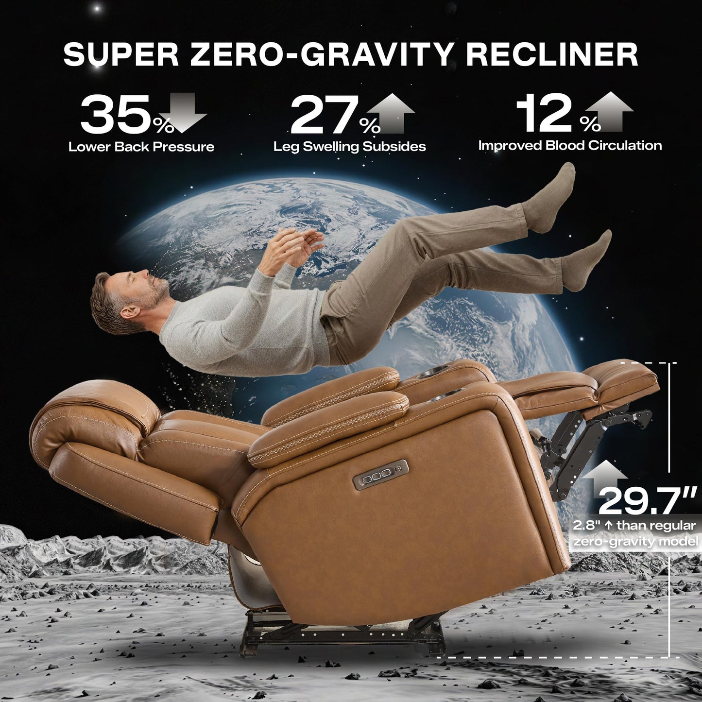 Watson & Whitely Genuine Leather Electric Recliner Chairs, Oversized Super Zero Gravity Recliner Triple-Motor W Adjustable Lumbar Headrest Support & Hidden Storage, Saddle Brown